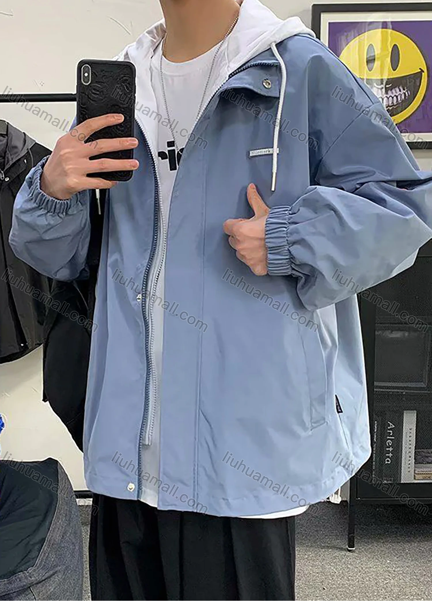 Wholesale Men's Casual Plain 2 in 1 Long Sleeve Drawstring Hooded Patch Pocket Jacket - Liuhuamall