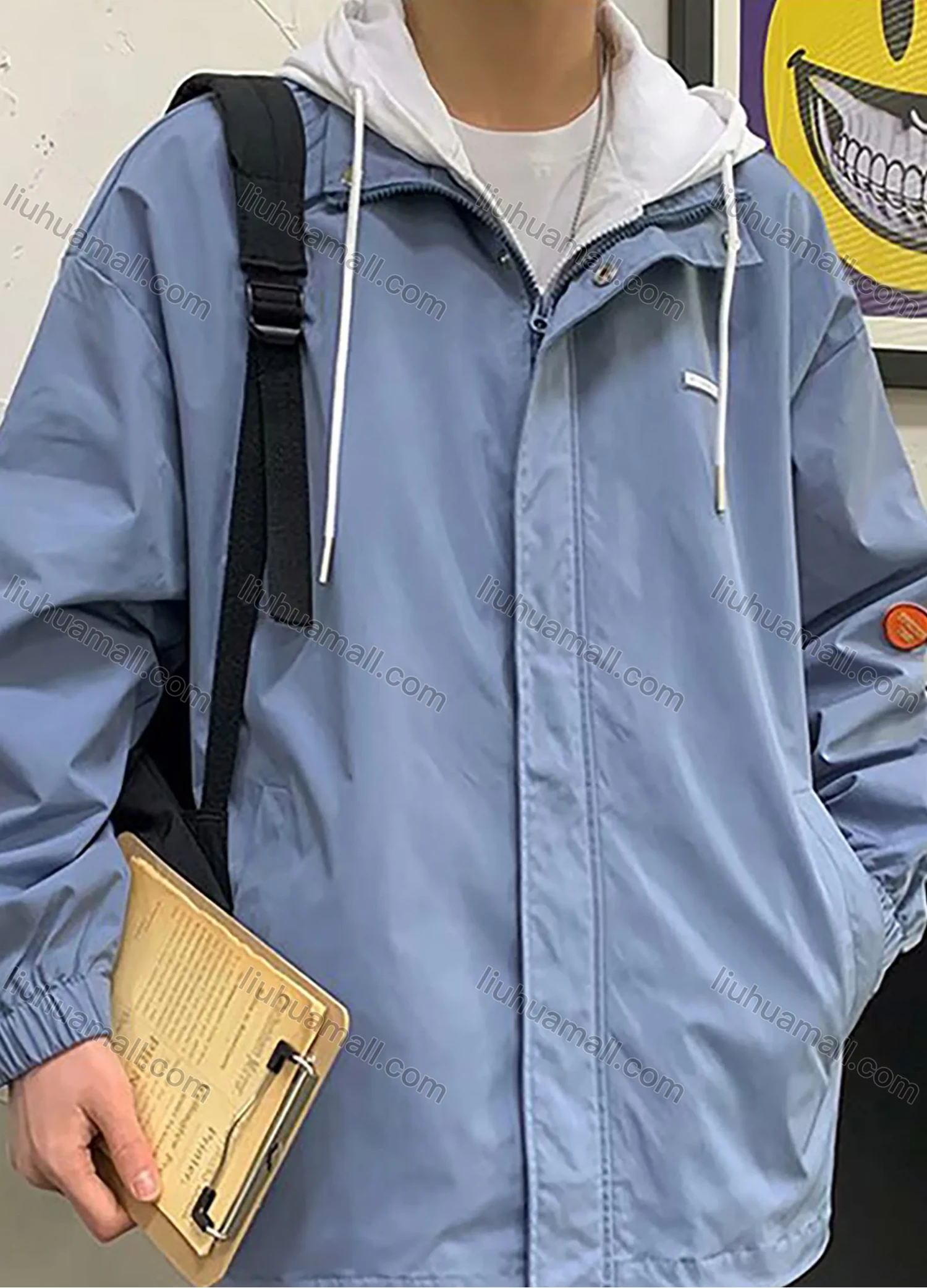 Wholesale Men's Casual Plain 2 in 1 Long Sleeve Drawstring Hooded Patch Pocket Jacket - Liuhuamall