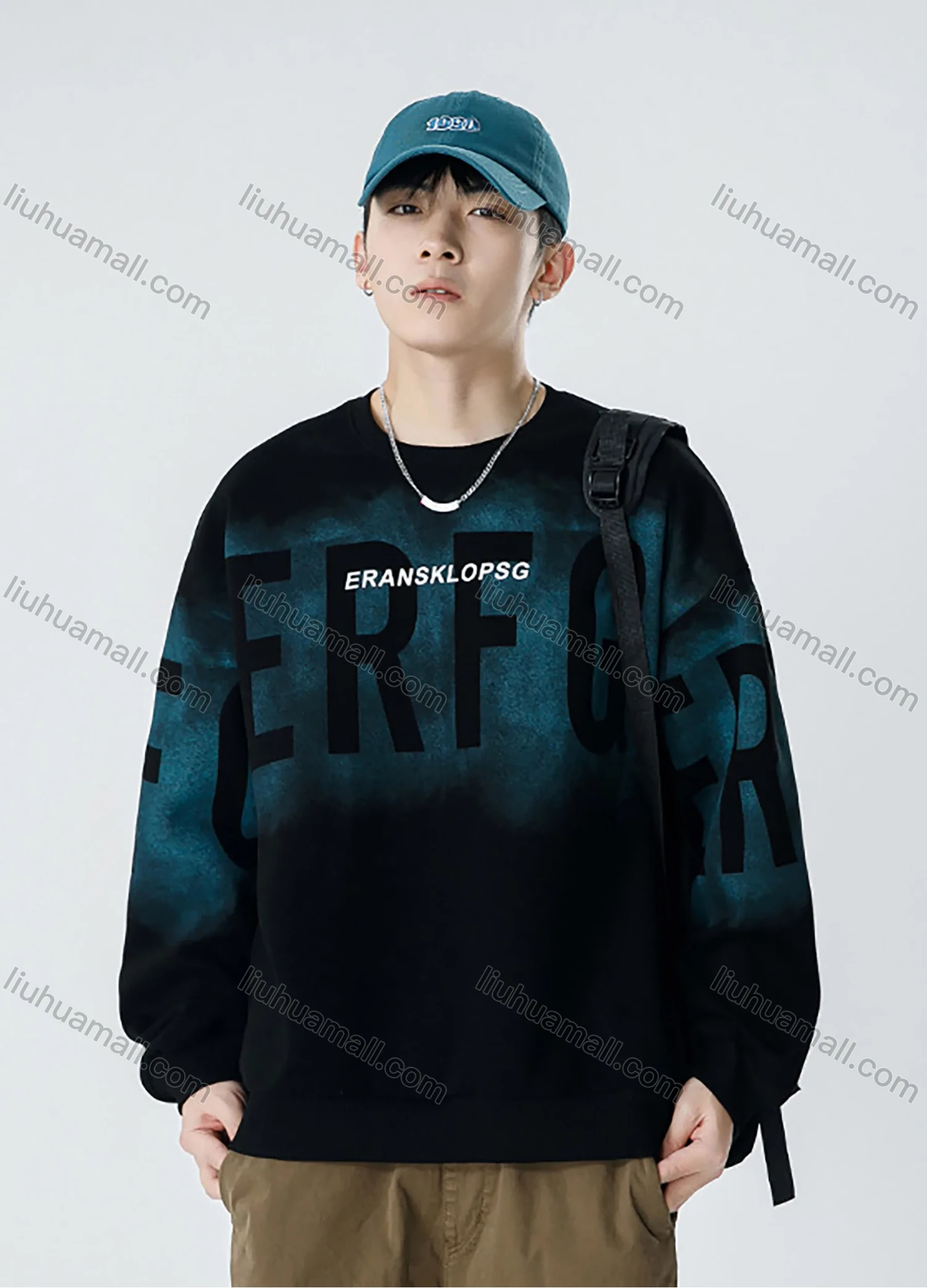 Wholesale Men's Casual Letter Ombre Round Neck Drop Shoulder Long Sleeve Sweatshirt - Liuhuamall