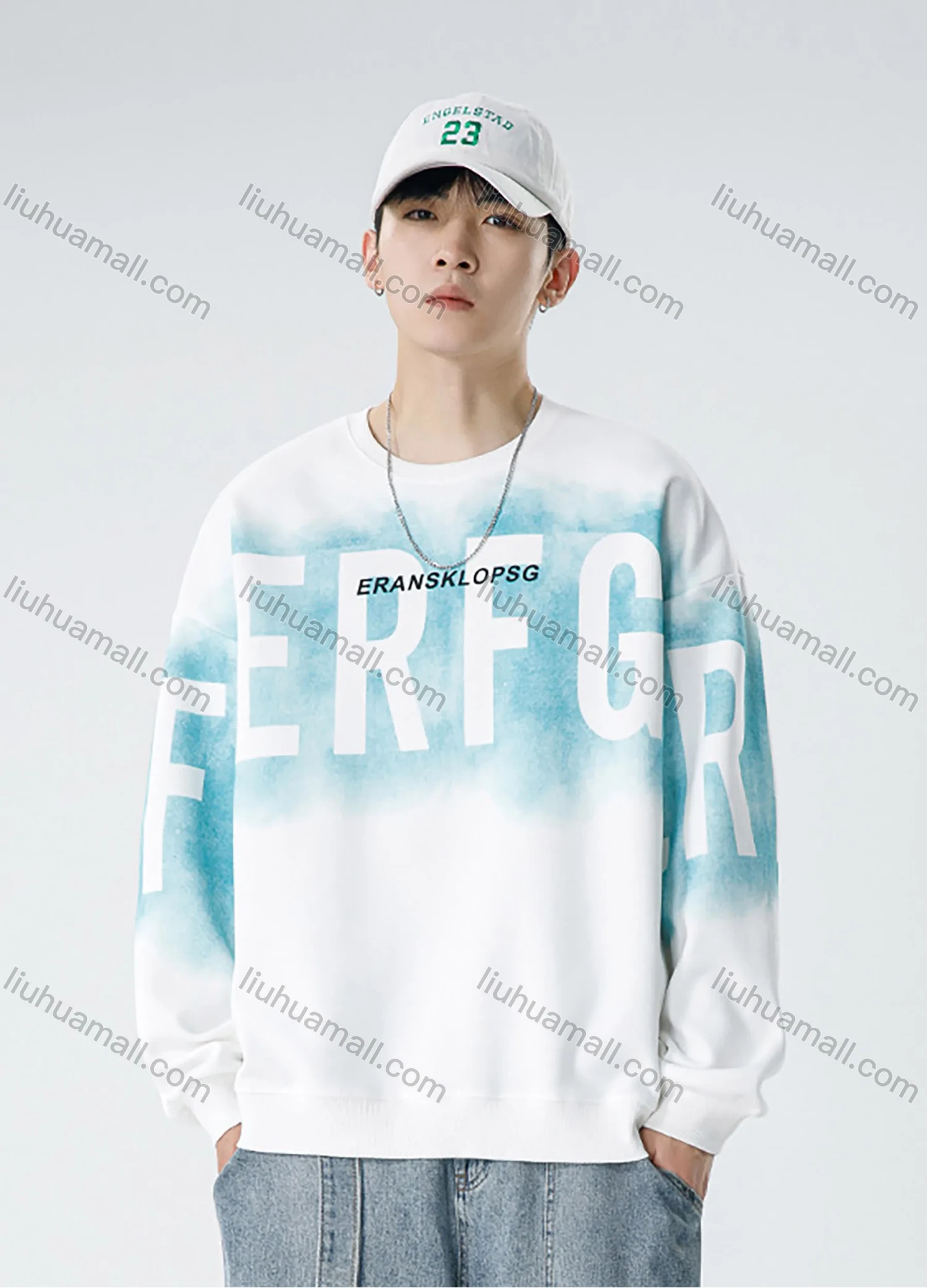 Wholesale Men's Casual Letter Ombre Round Neck Drop Shoulder Long Sleeve Sweatshirt - Liuhuamall