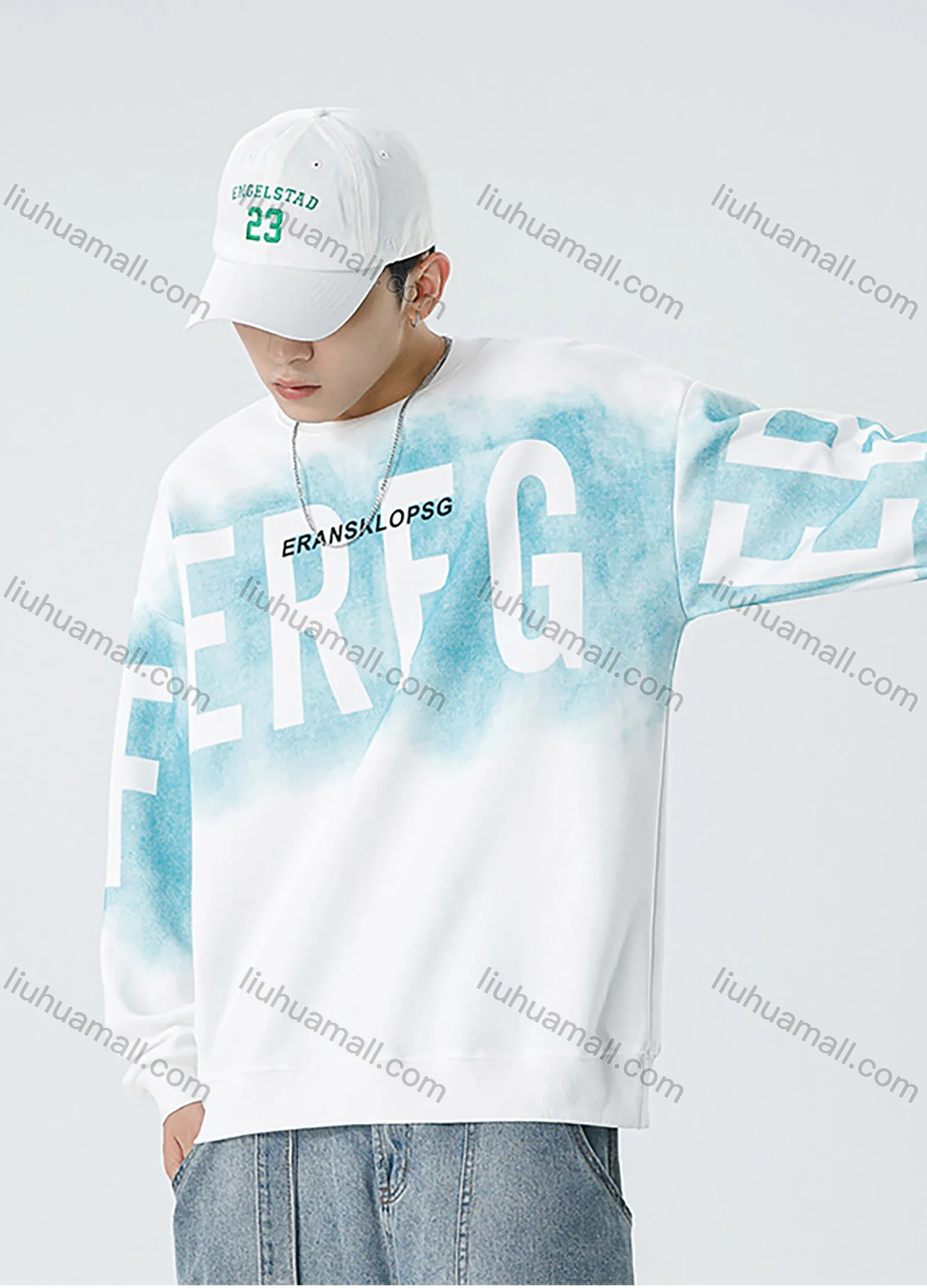 Wholesale Men's Casual Letter Ombre Round Neck Drop Shoulder Long Sleeve Sweatshirt - Liuhuamall