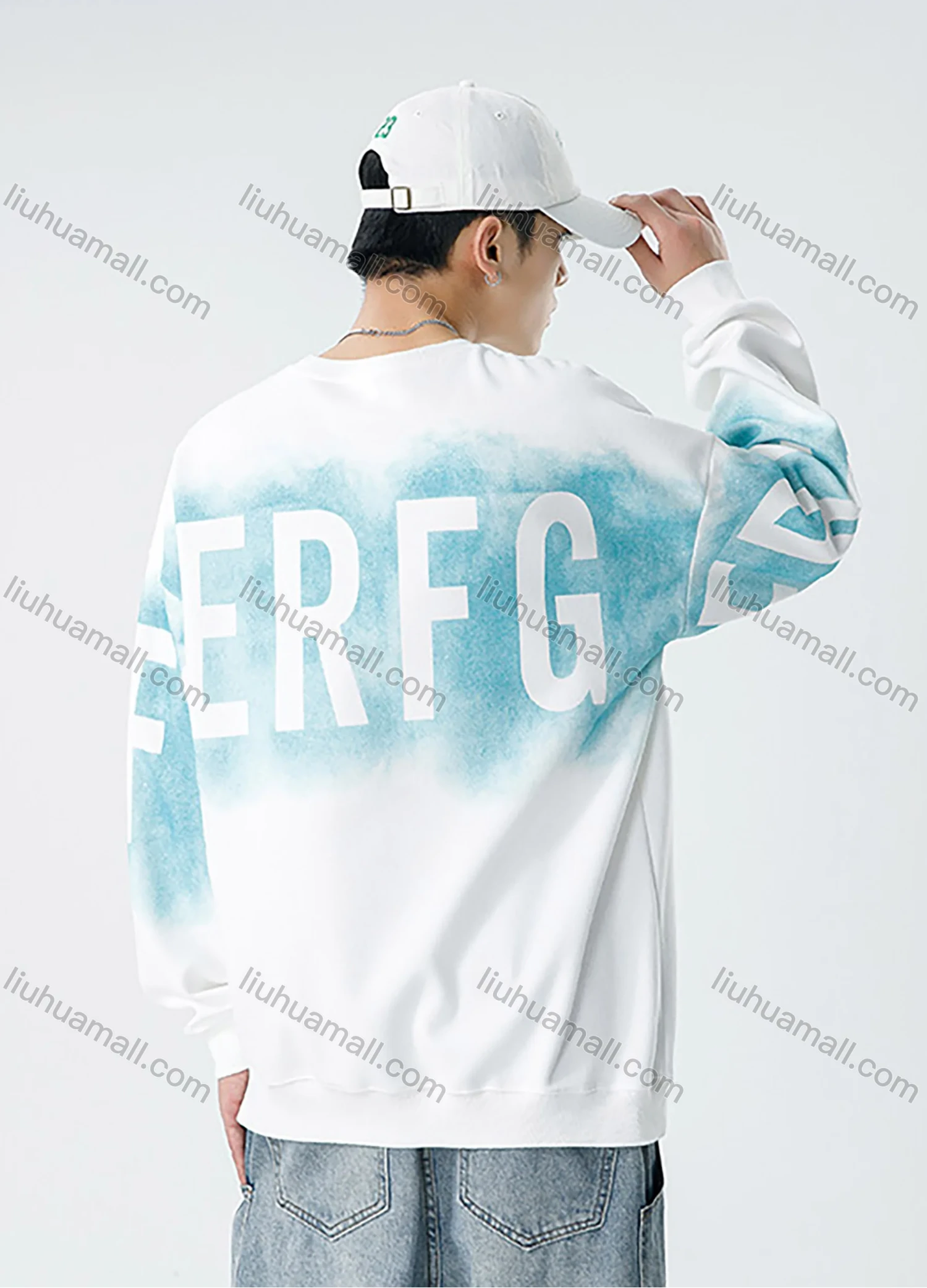 Wholesale Men's Casual Letter Ombre Round Neck Drop Shoulder Long Sleeve Sweatshirt - Liuhuamall