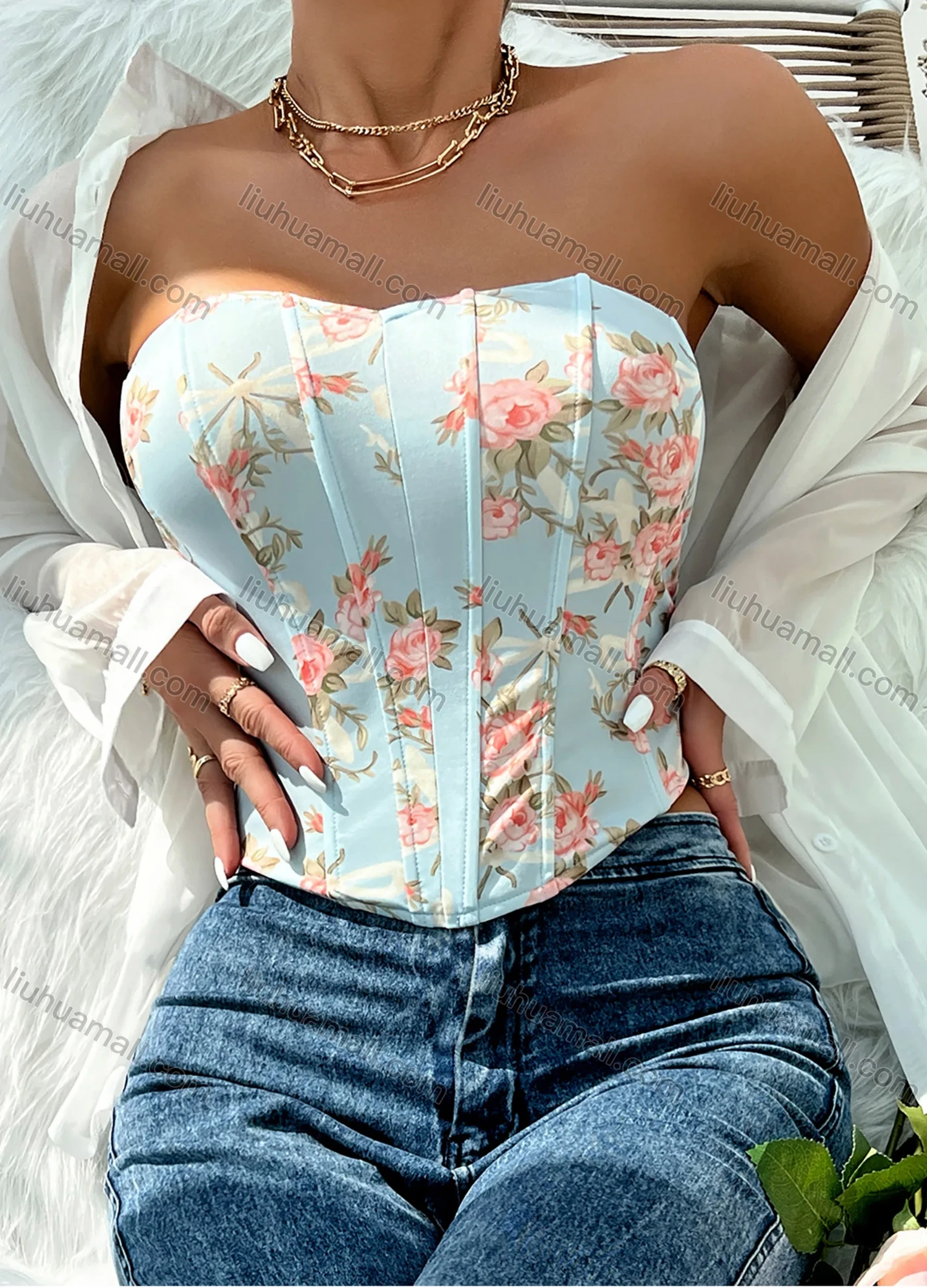 Wholesale Women's Summer Sexy Floral Print Curved Hem Strapless Boned Crop Corset Top - Liuhuamall