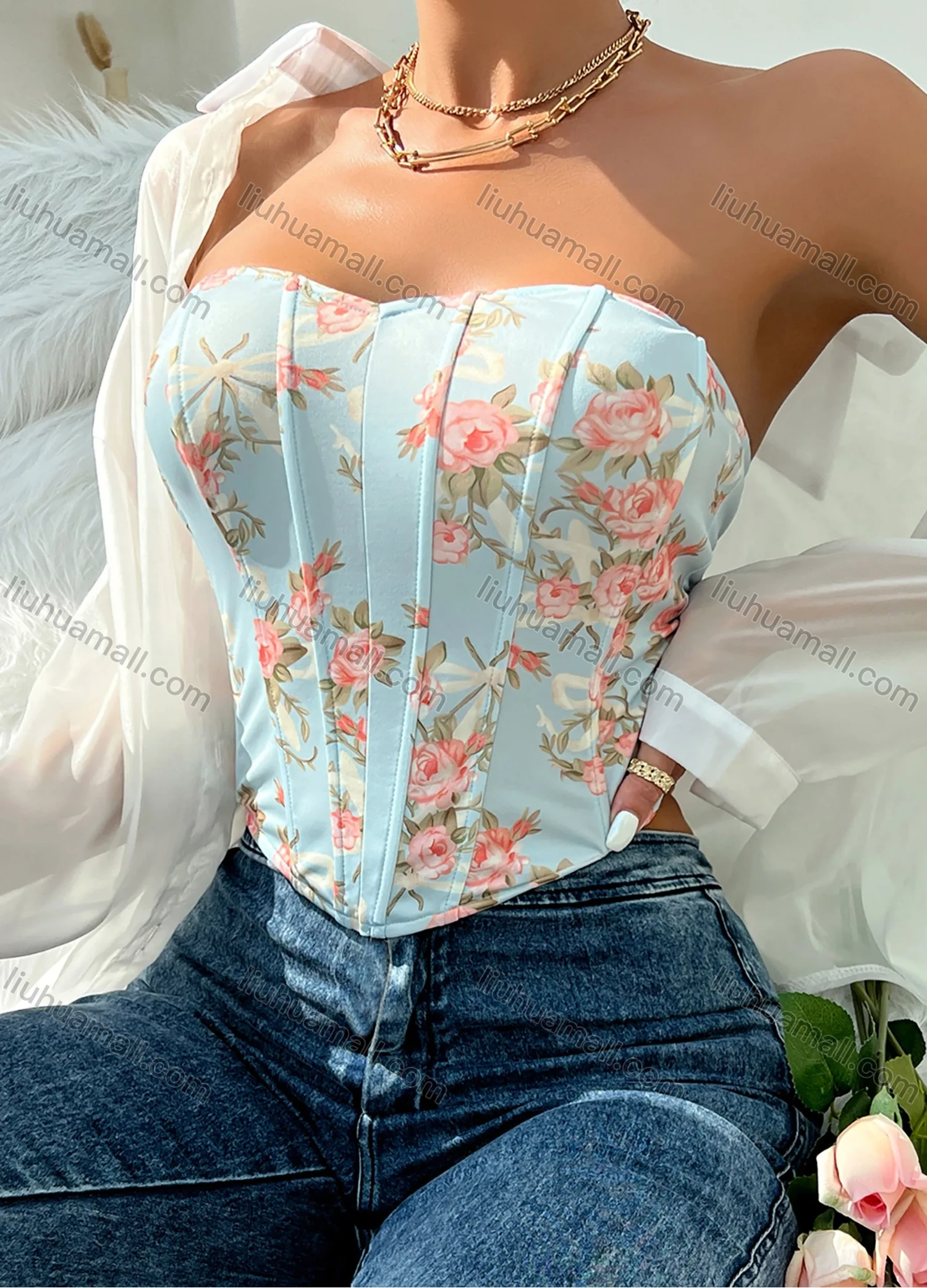 Wholesale Women's Summer Sexy Floral Print Curved Hem Strapless Boned Crop Corset Top - Liuhuamall