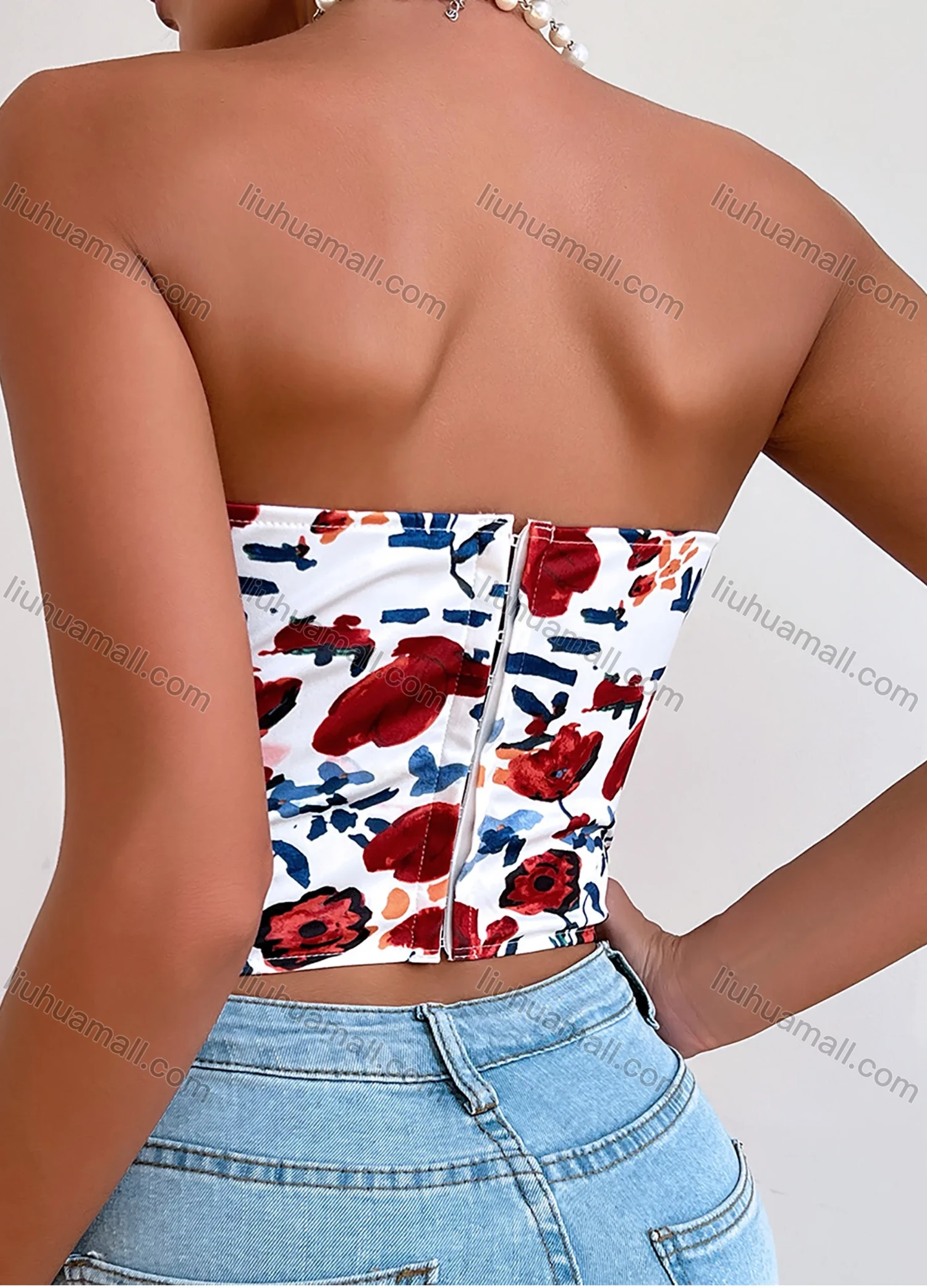 Wholesale Women's Summer Sexy Floral Print Curved Hem Strapless Boned Crop Corset Top - Liuhuamall