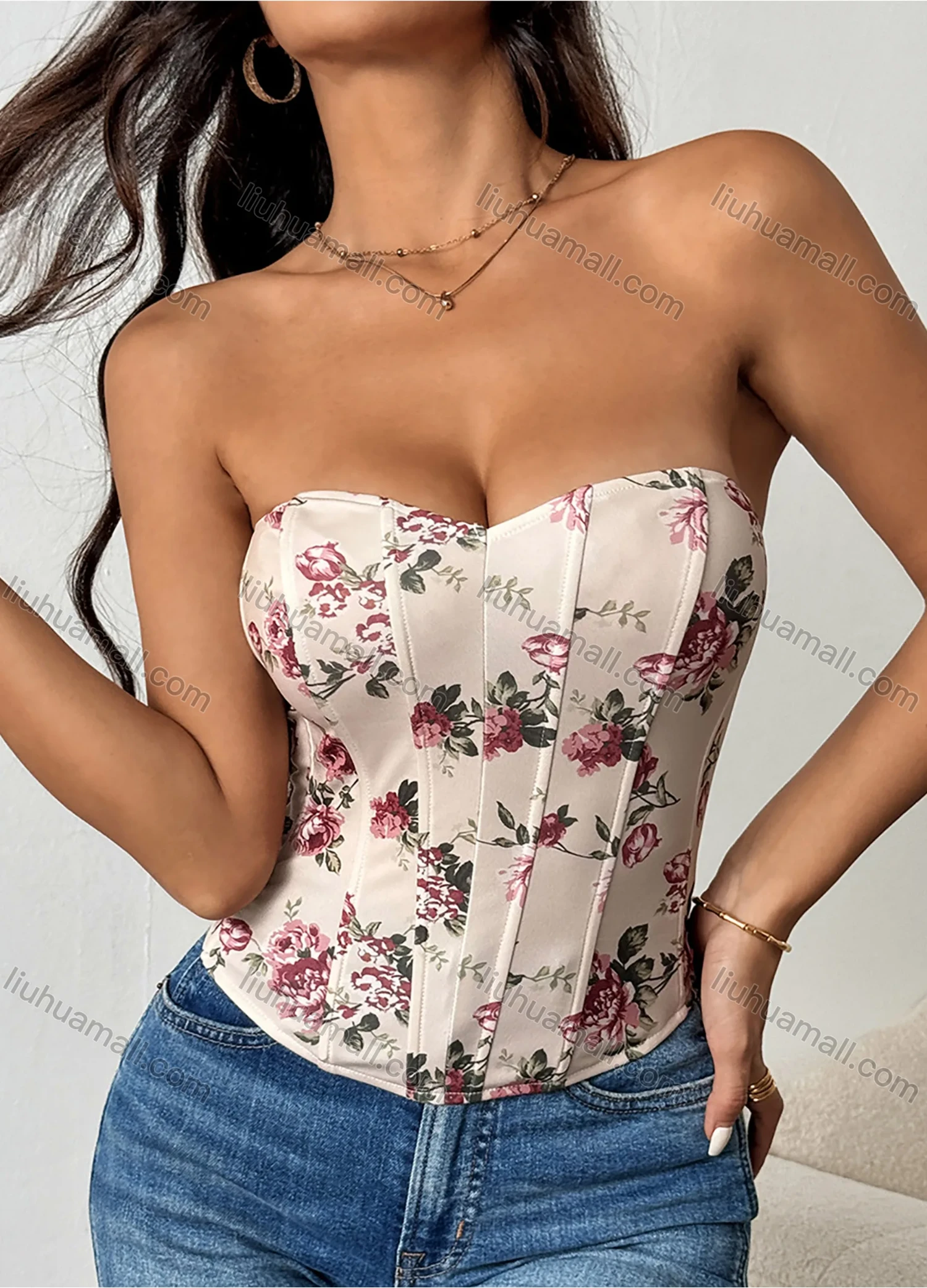 Wholesale Women's Summer Sexy Floral Print Curved Hem Strapless Boned Crop Corset Top - Liuhuamall