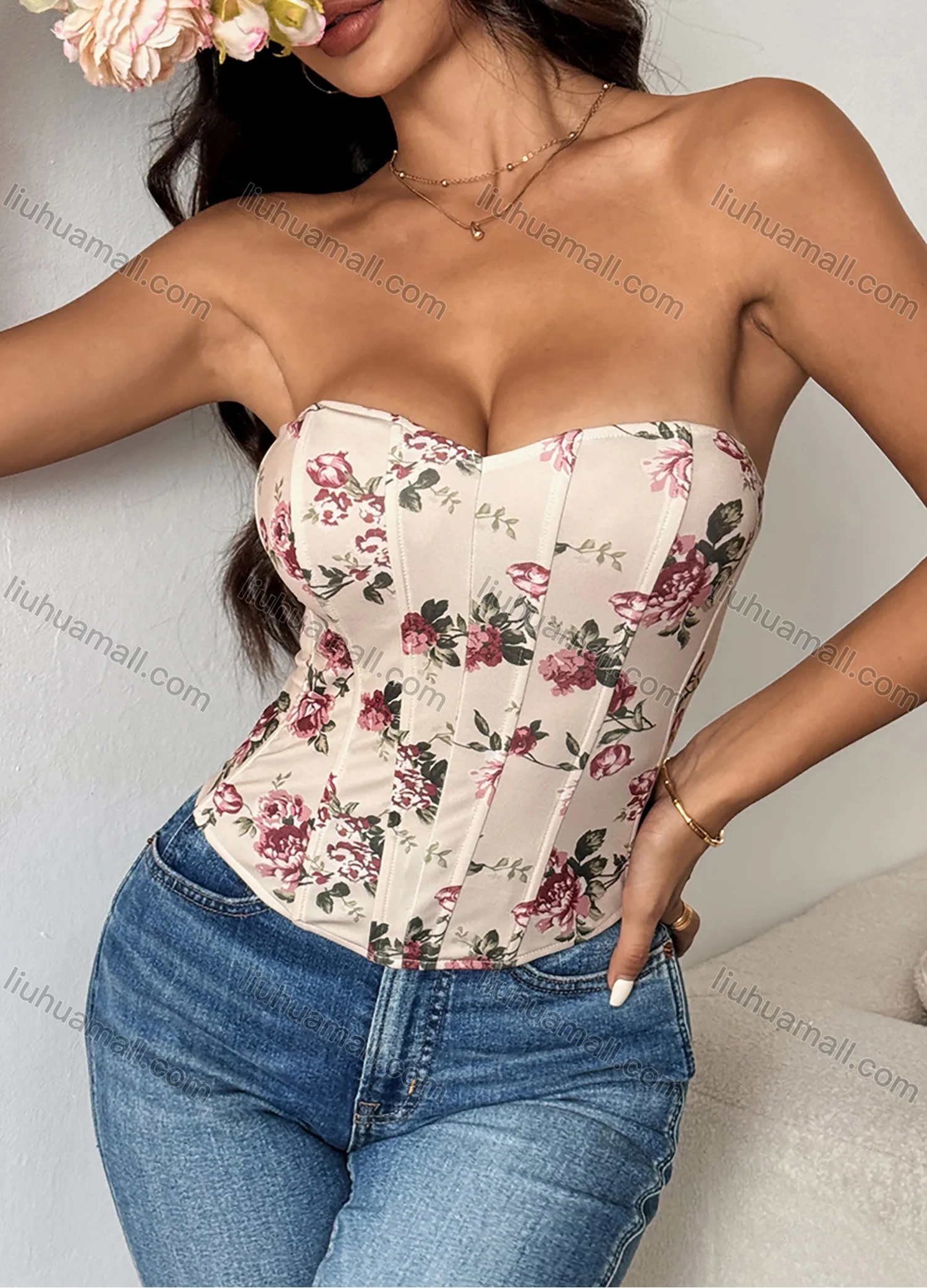 Wholesale Women's Summer Sexy Floral Print Curved Hem Strapless Boned Crop Corset Top - Liuhuamall
