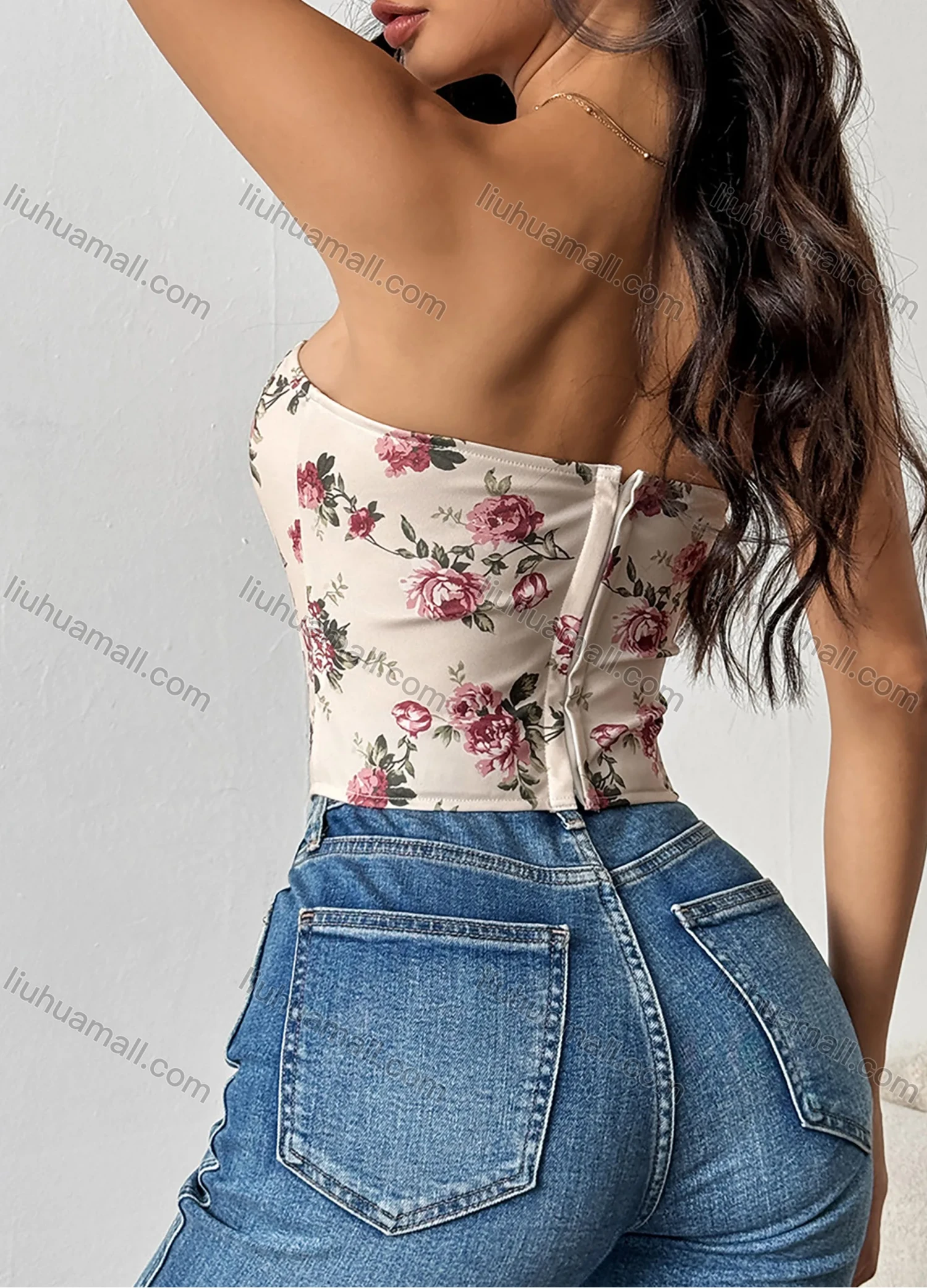 Wholesale Women's Summer Sexy Floral Print Curved Hem Strapless Boned Crop Corset Top - Liuhuamall