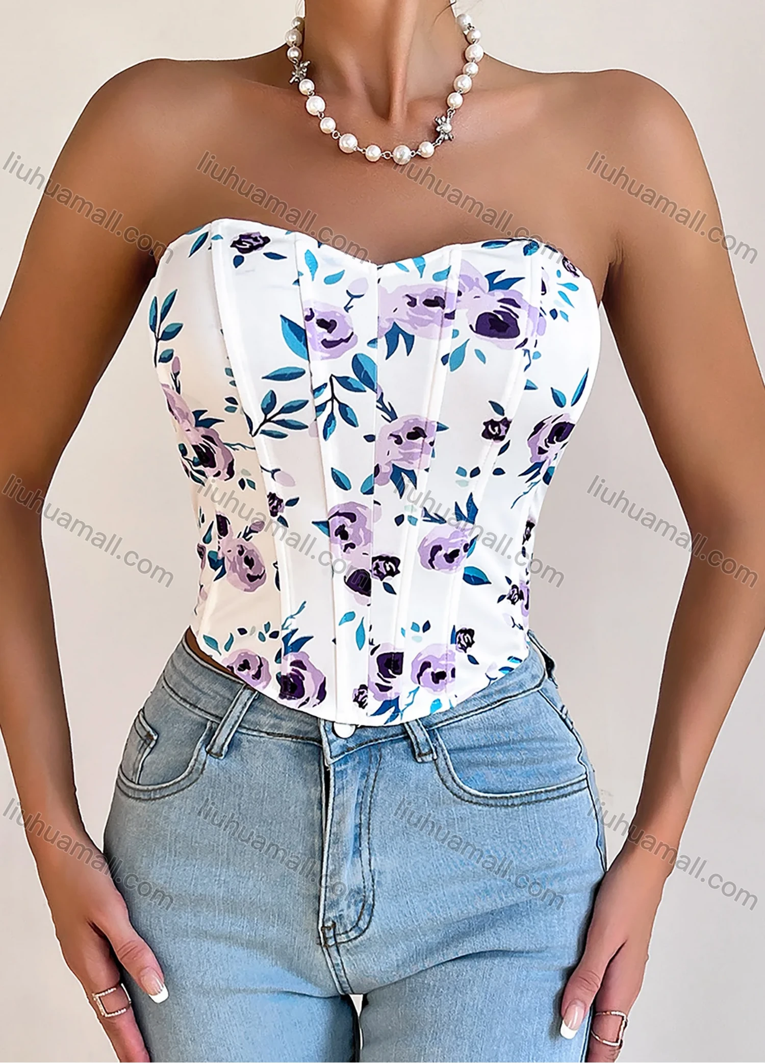 Wholesale Women's Summer Sexy Floral Print Curved Hem Strapless Boned Crop Corset Top - Liuhuamall