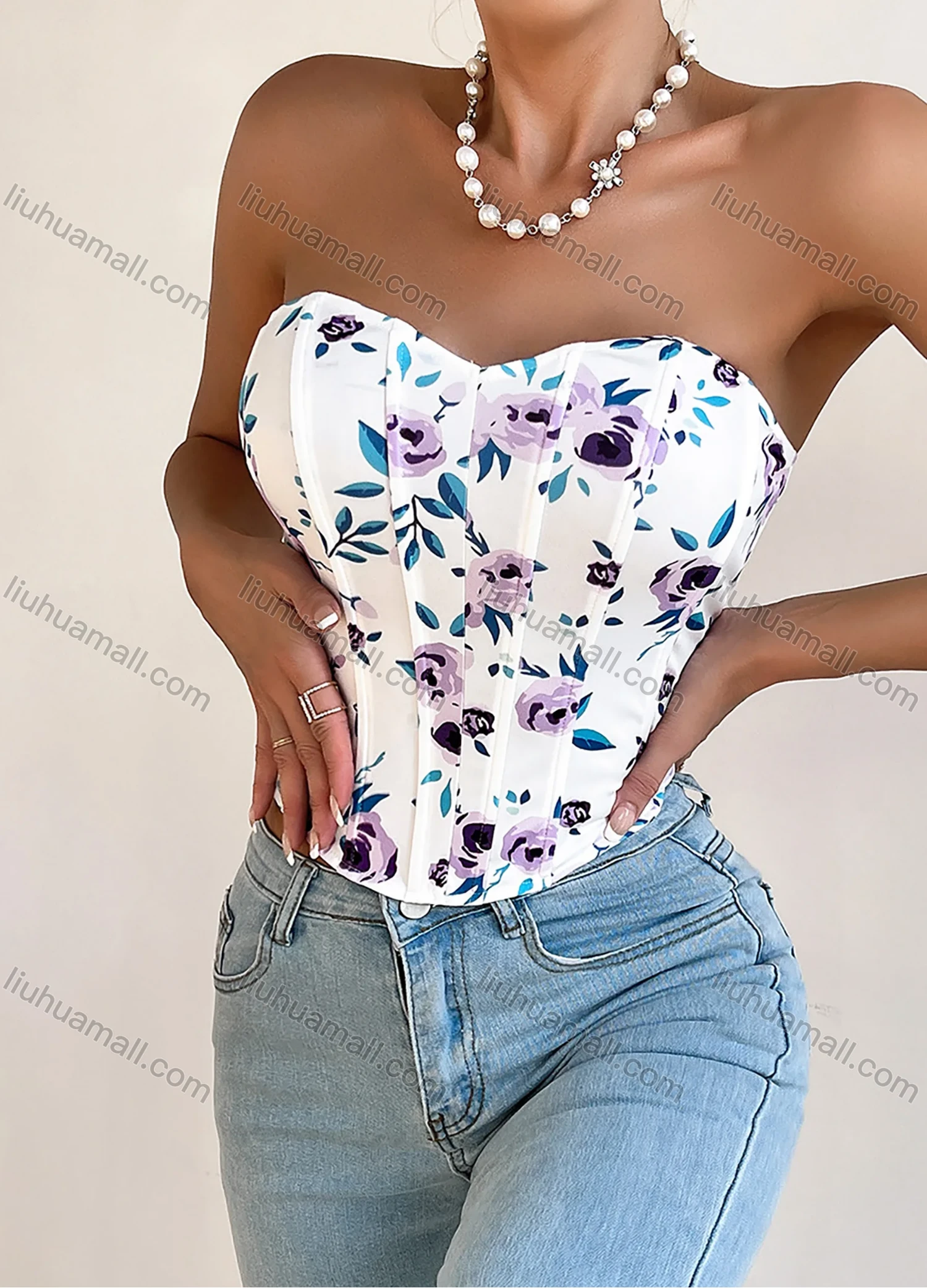 Wholesale Women's Summer Sexy Floral Print Curved Hem Strapless Boned Crop Corset Top - Liuhuamall