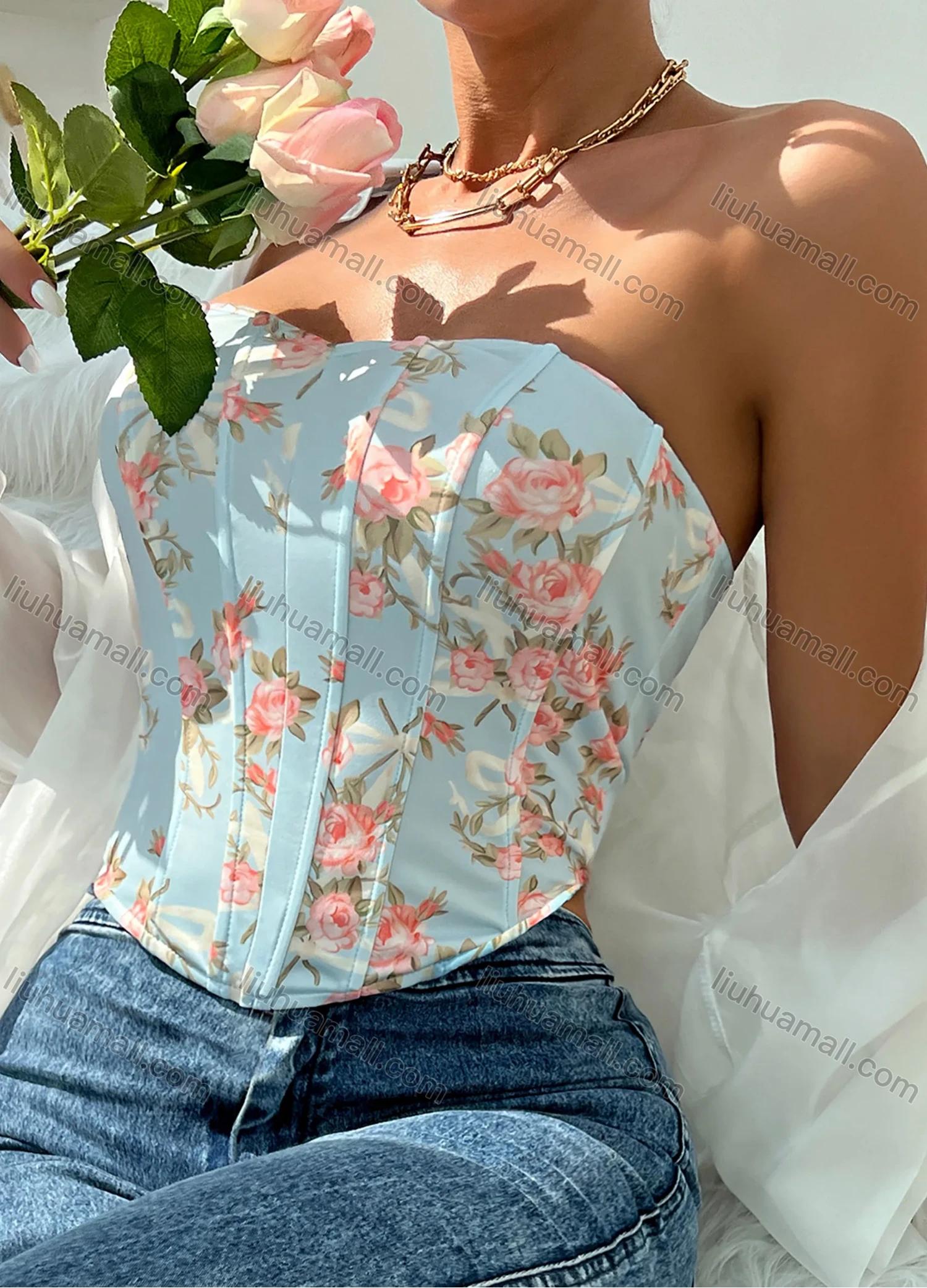 Wholesale Women's Summer Sexy Floral Print Curved Hem Strapless Boned Crop Corset Top - Liuhuamall