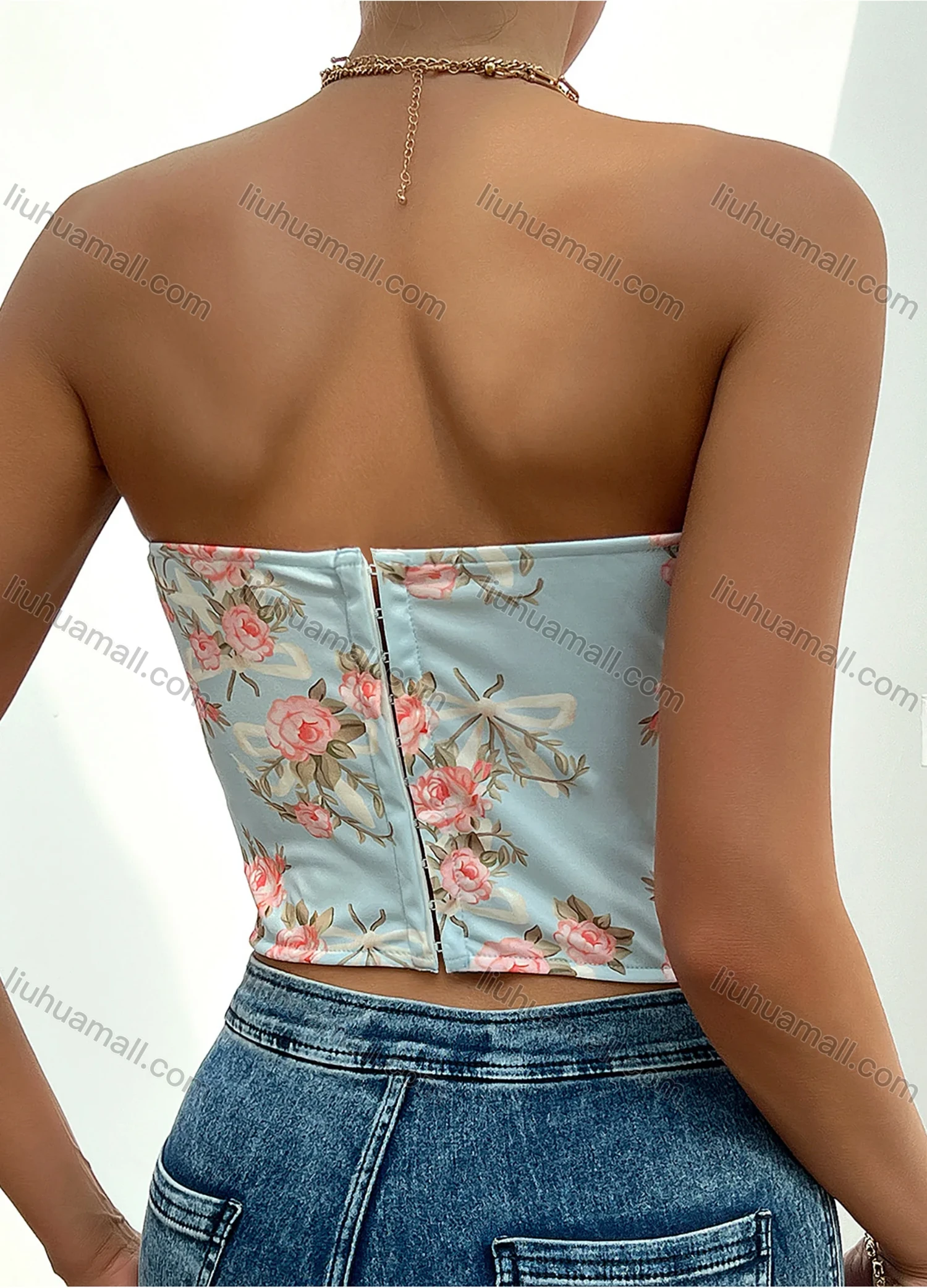 Wholesale Women's Summer Sexy Floral Print Curved Hem Strapless Boned Crop Corset Top - Liuhuamall