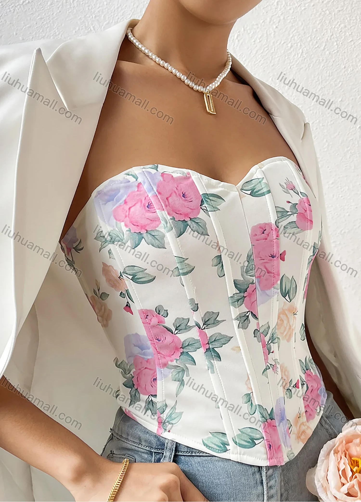 Wholesale Women's Summer Sexy Floral Print Curved Hem Strapless Boned Crop Corset Top - Liuhuamall