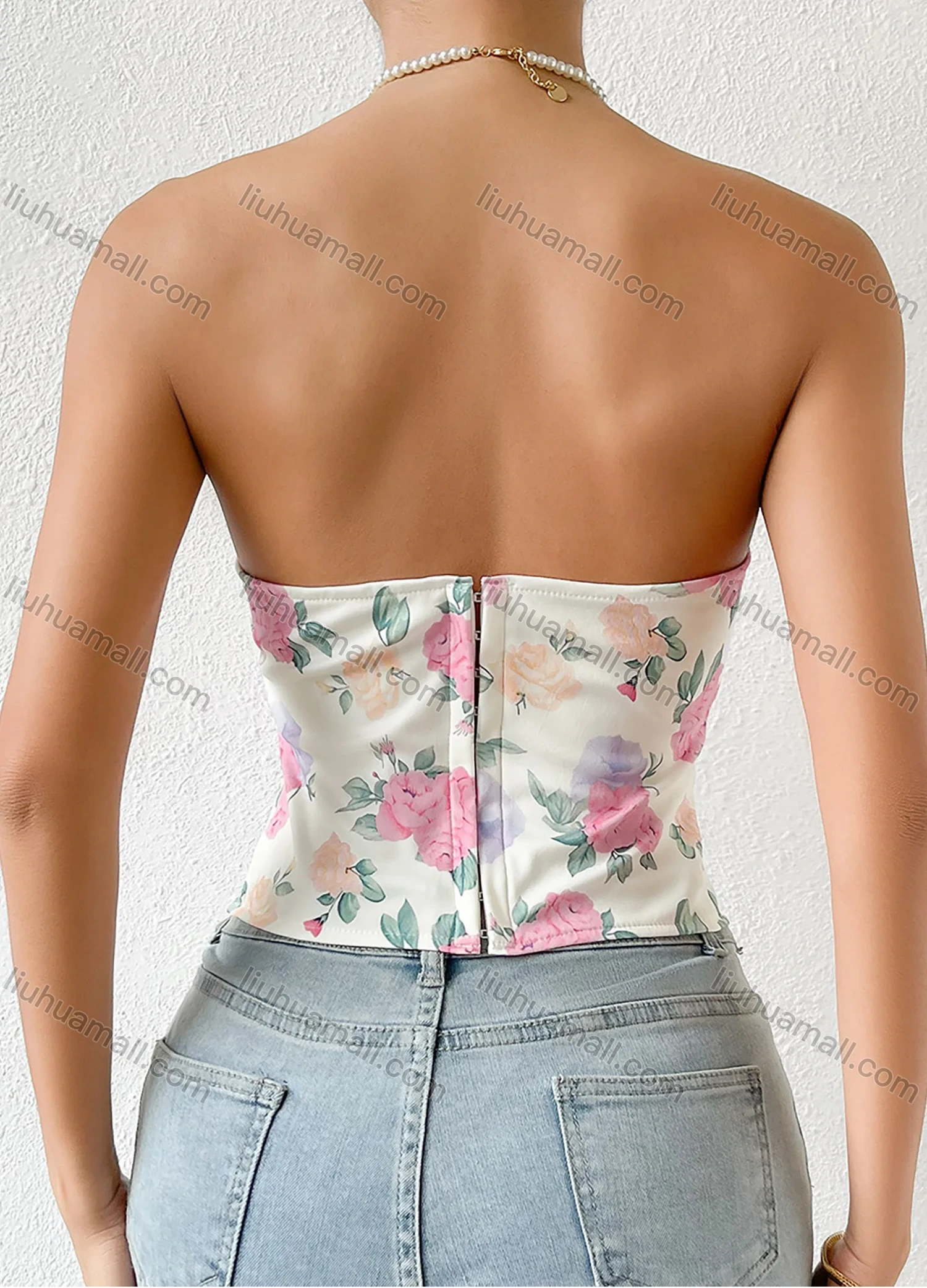 Wholesale Women's Summer Sexy Floral Print Curved Hem Strapless Boned Crop Corset Top - Liuhuamall