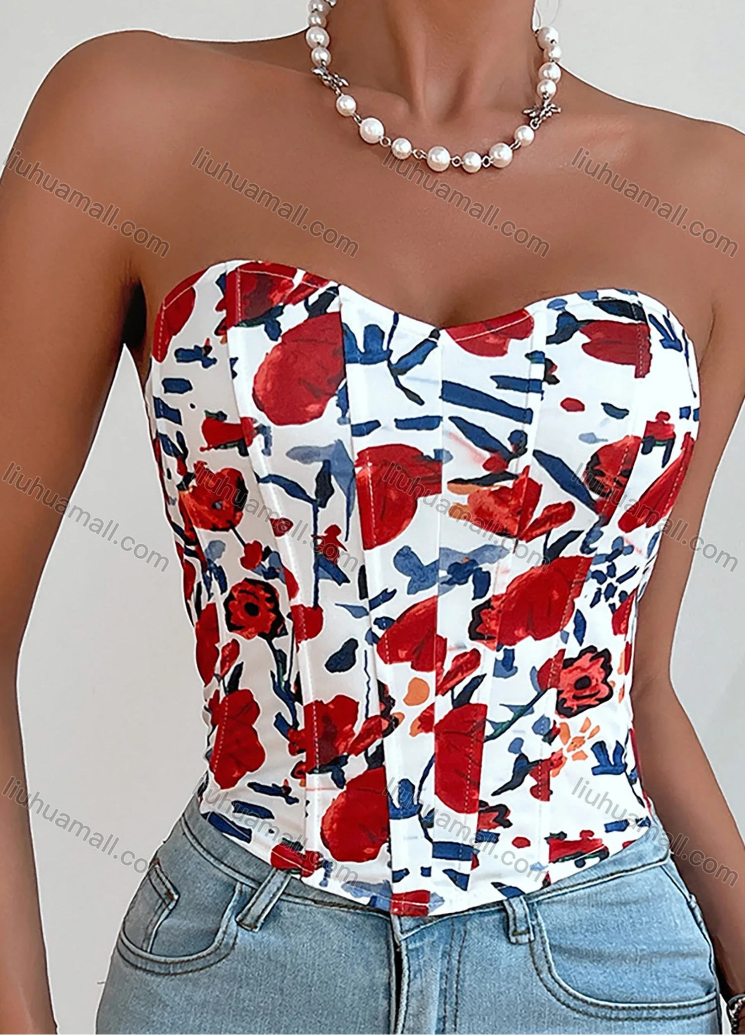 Wholesale Women's Summer Sexy Floral Print Curved Hem Strapless Boned Crop Corset Top - Liuhuamall