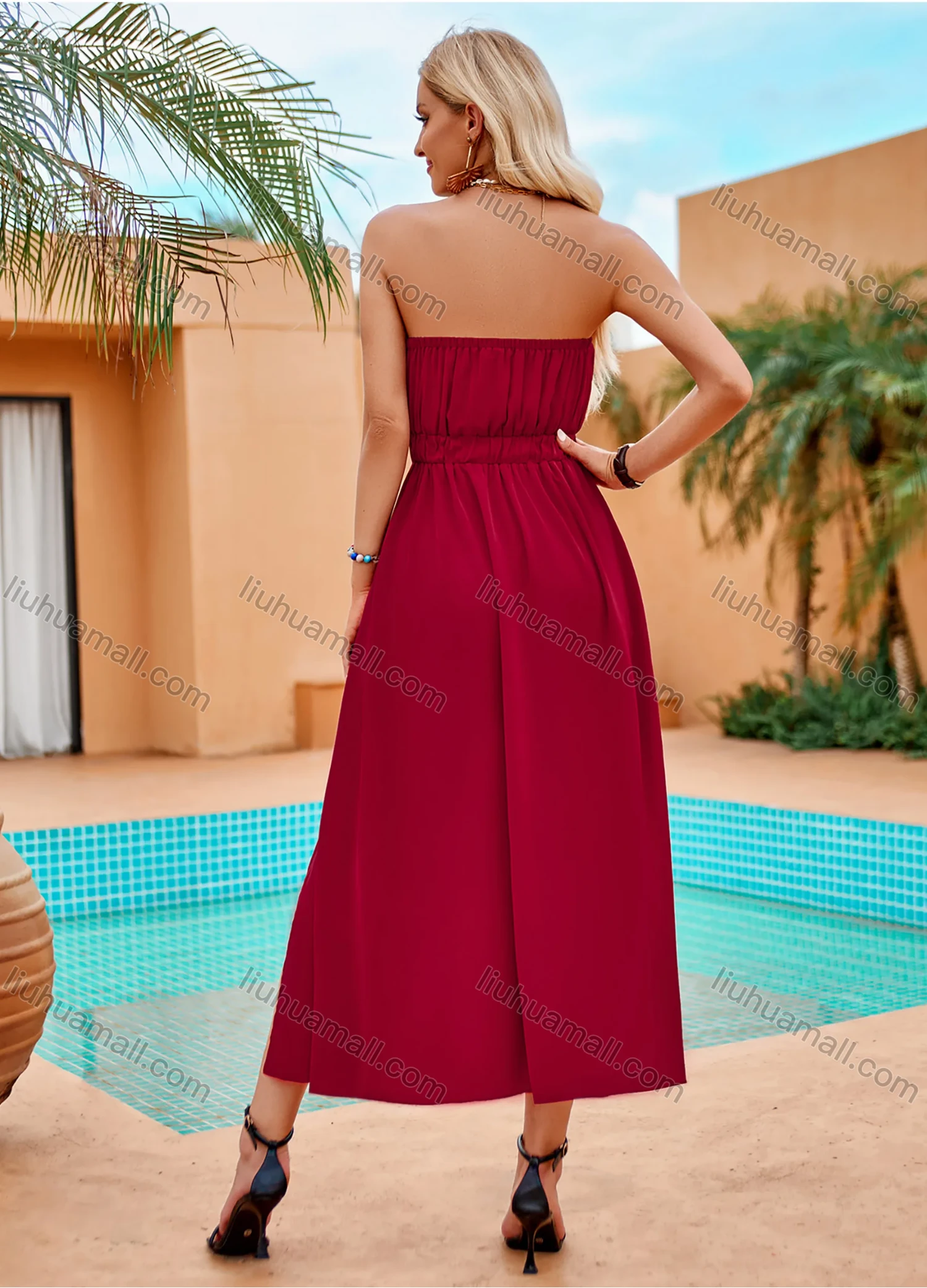 Wholesale Women's Elegant Plain Metal Decor Strapless Split Hem Ruched Midi Tube Dress - Liuhuamall