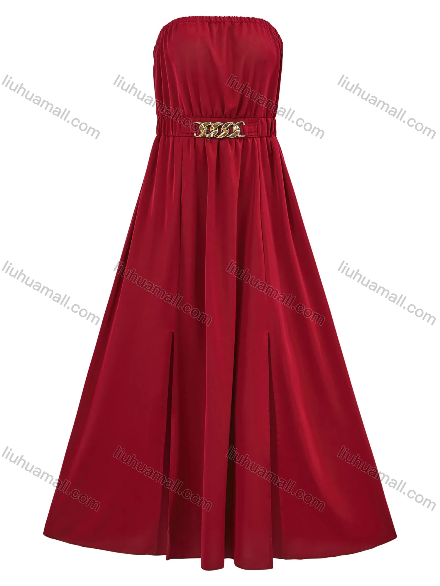 Wholesale Women's Elegant Plain Metal Decor Strapless Split Hem Ruched Midi Tube Dress - Liuhuamall