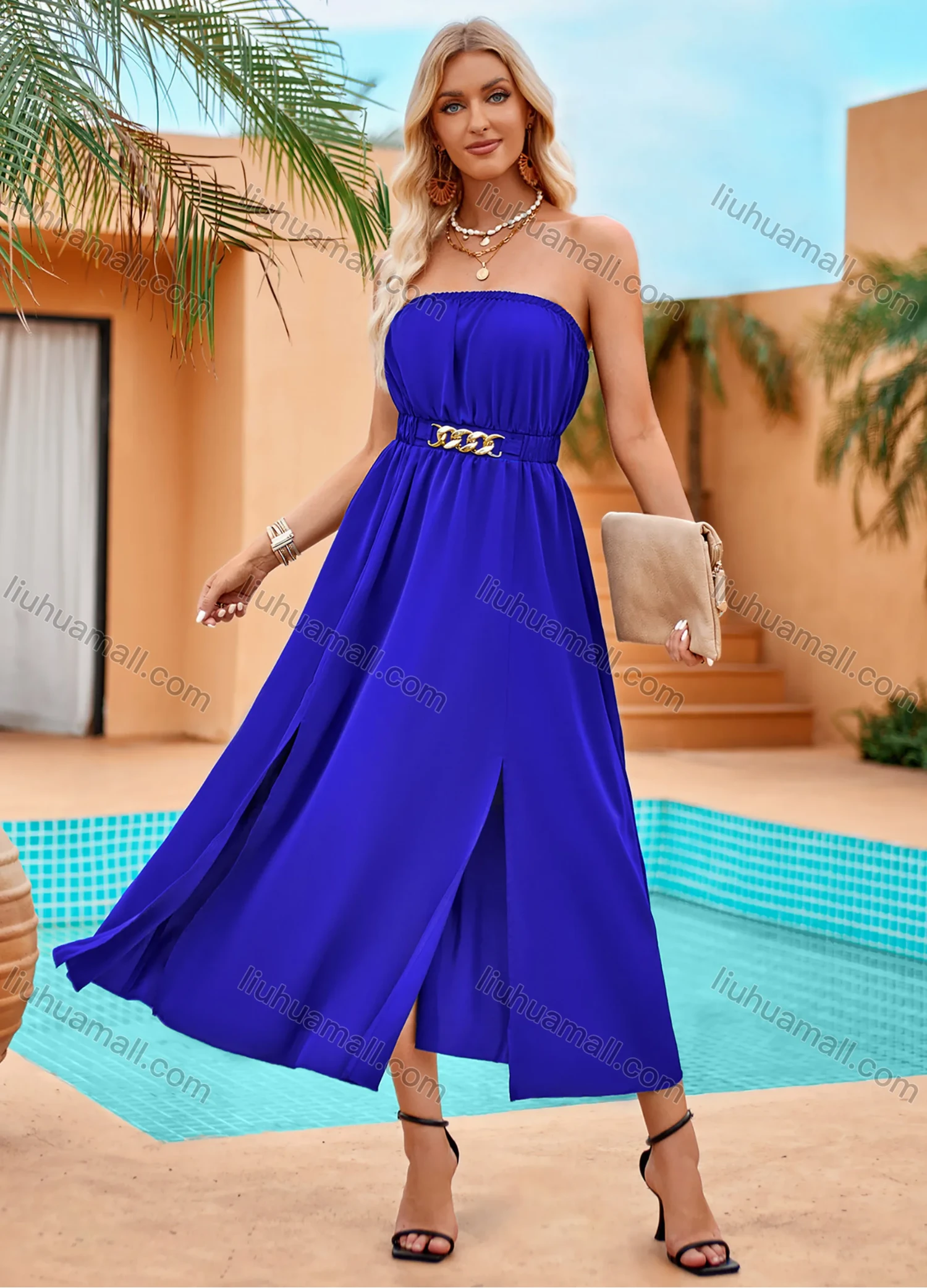 Wholesale Women's Elegant Plain Metal Decor Strapless Split Hem Ruched Midi Tube Dress - Liuhuamall