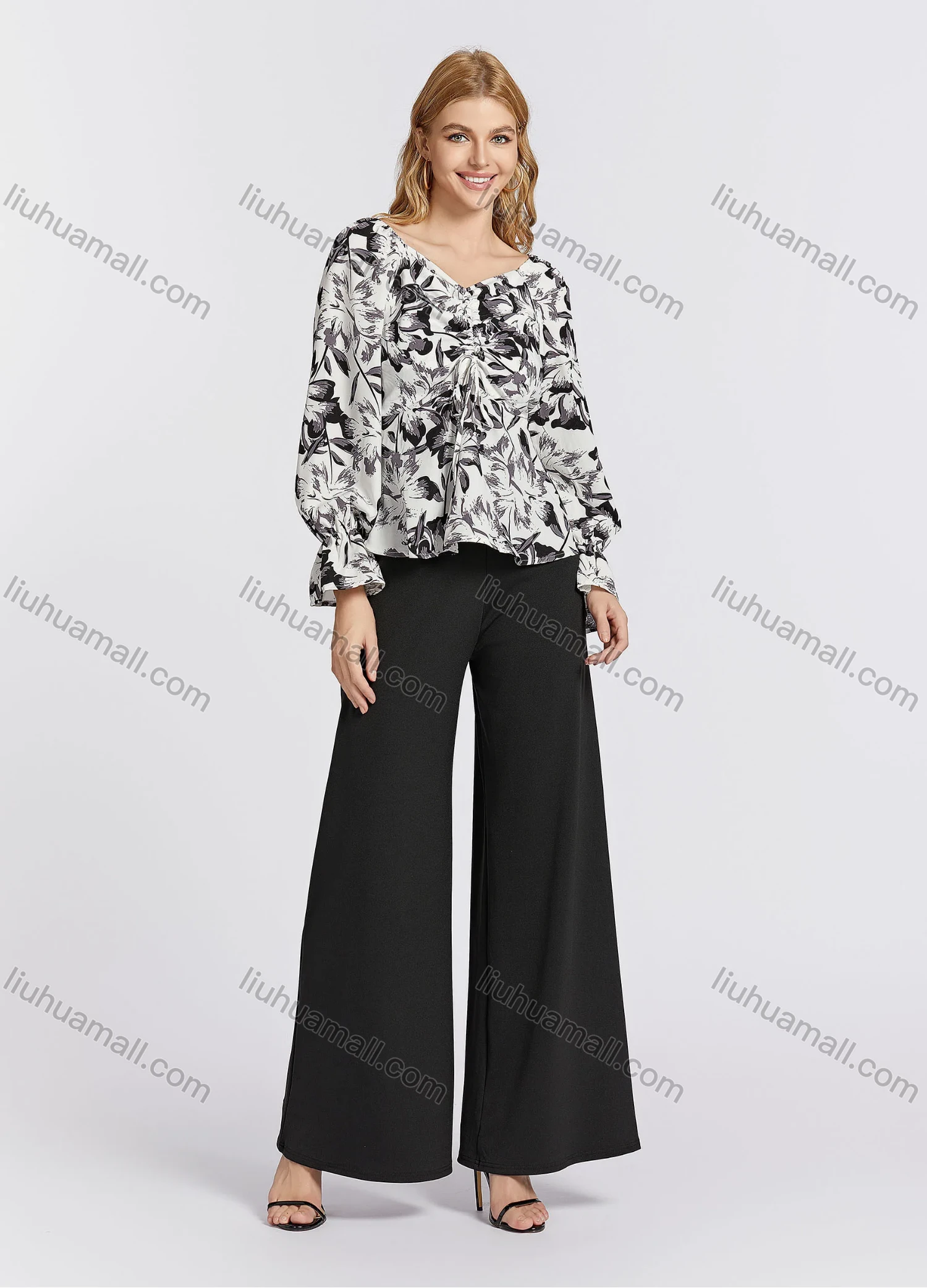 Wholesale Women's Casual Poet Sleeve V Neck Floral Print Ruched Drawstring Peplum Blouse - Liuhuamall