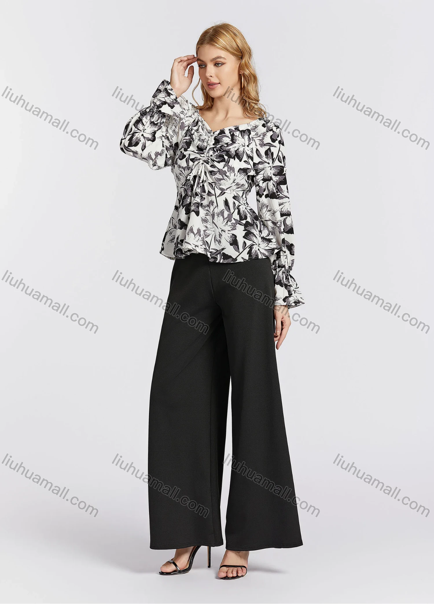 Wholesale Women's Casual Poet Sleeve V Neck Floral Print Ruched Drawstring Peplum Blouse - Liuhuamall