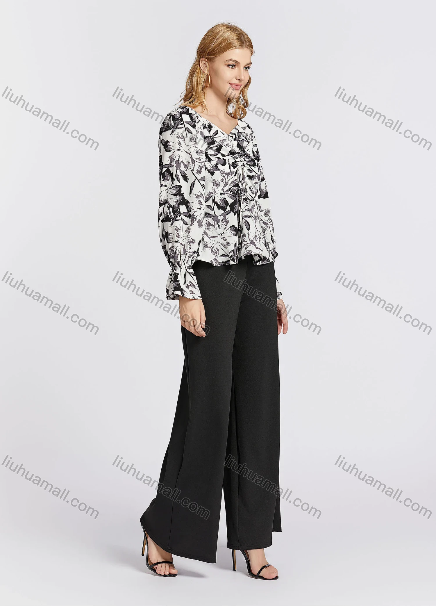 Wholesale Women's Casual Poet Sleeve V Neck Floral Print Ruched Drawstring Peplum Blouse - Liuhuamall