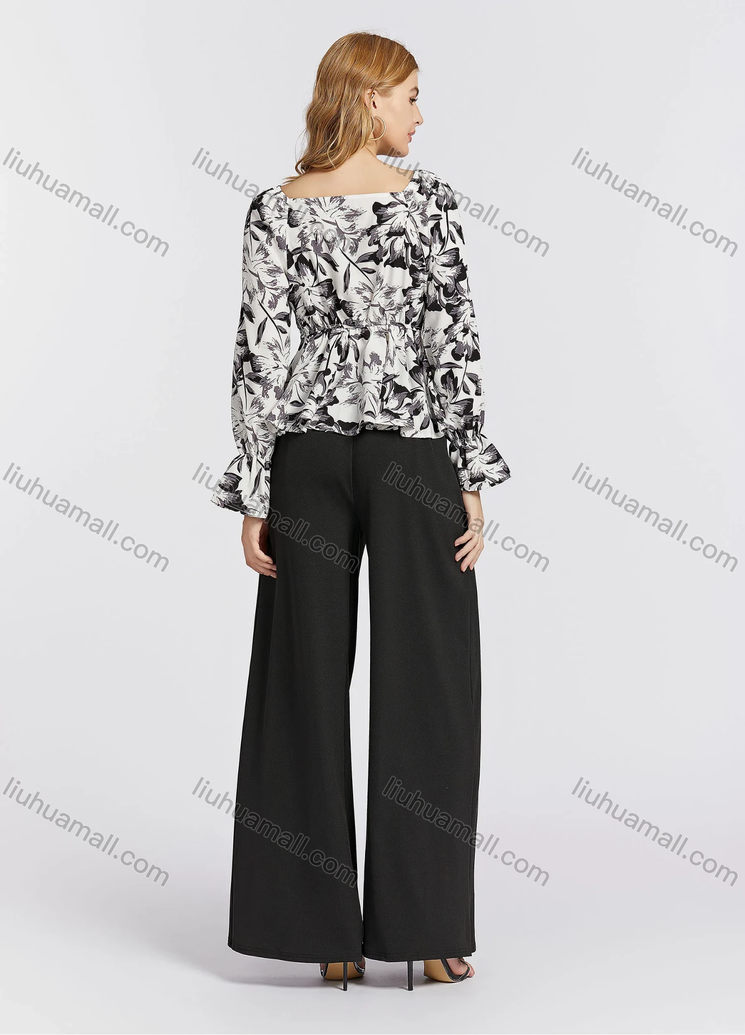 Wholesale Women's Casual Poet Sleeve V Neck Floral Print Ruched Drawstring Peplum Blouse - Liuhuamall