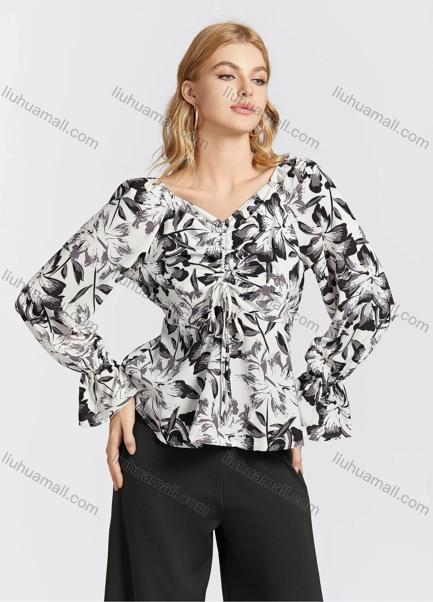 Wholesale Women's Casual Poet Sleeve V Neck Floral Print Ruched Drawstring Peplum Blouse - Liuhuamall