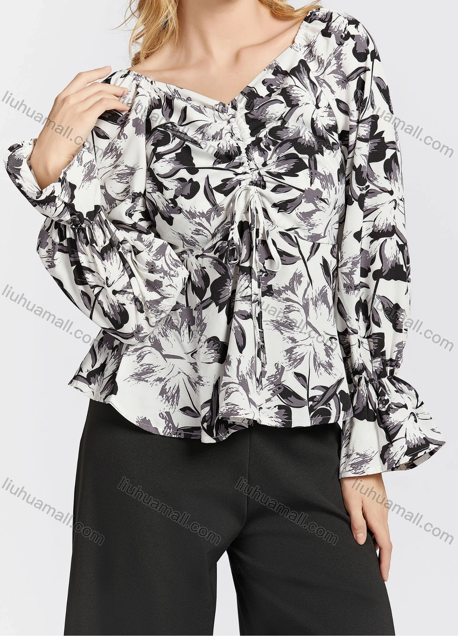 Wholesale Women's Casual Poet Sleeve V Neck Floral Print Ruched Drawstring Peplum Blouse - Liuhuamall