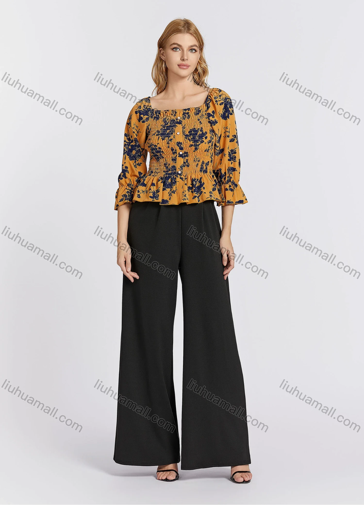 Wholesale Women's Casual Poet Sleeve Square Neck Floral Print Ruched Shirred Button Decor Peplum Blouse - Liuhuamall