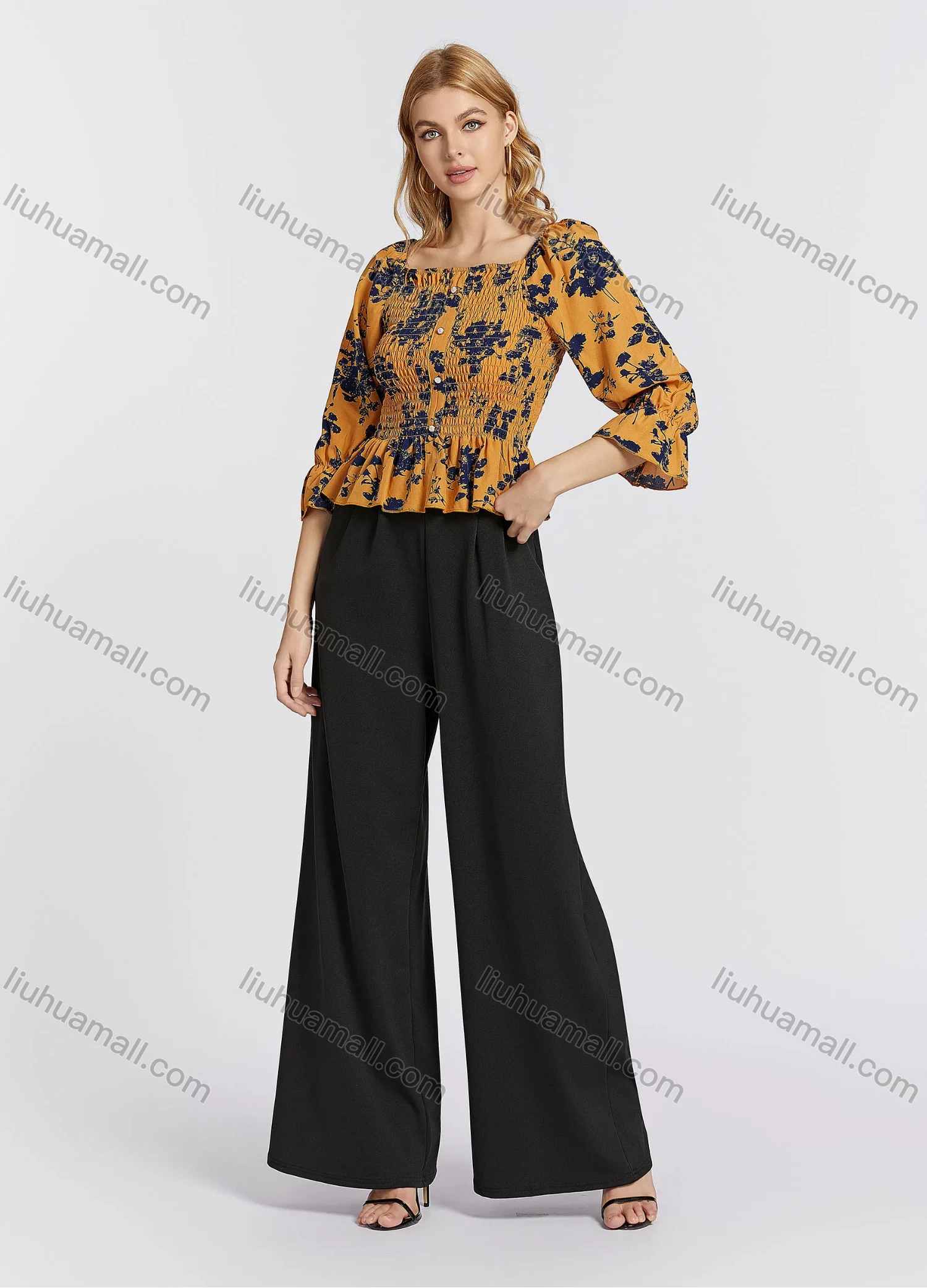 Wholesale Women's Casual Poet Sleeve Square Neck Floral Print Ruched Shirred Button Decor Peplum Blouse - Liuhuamall