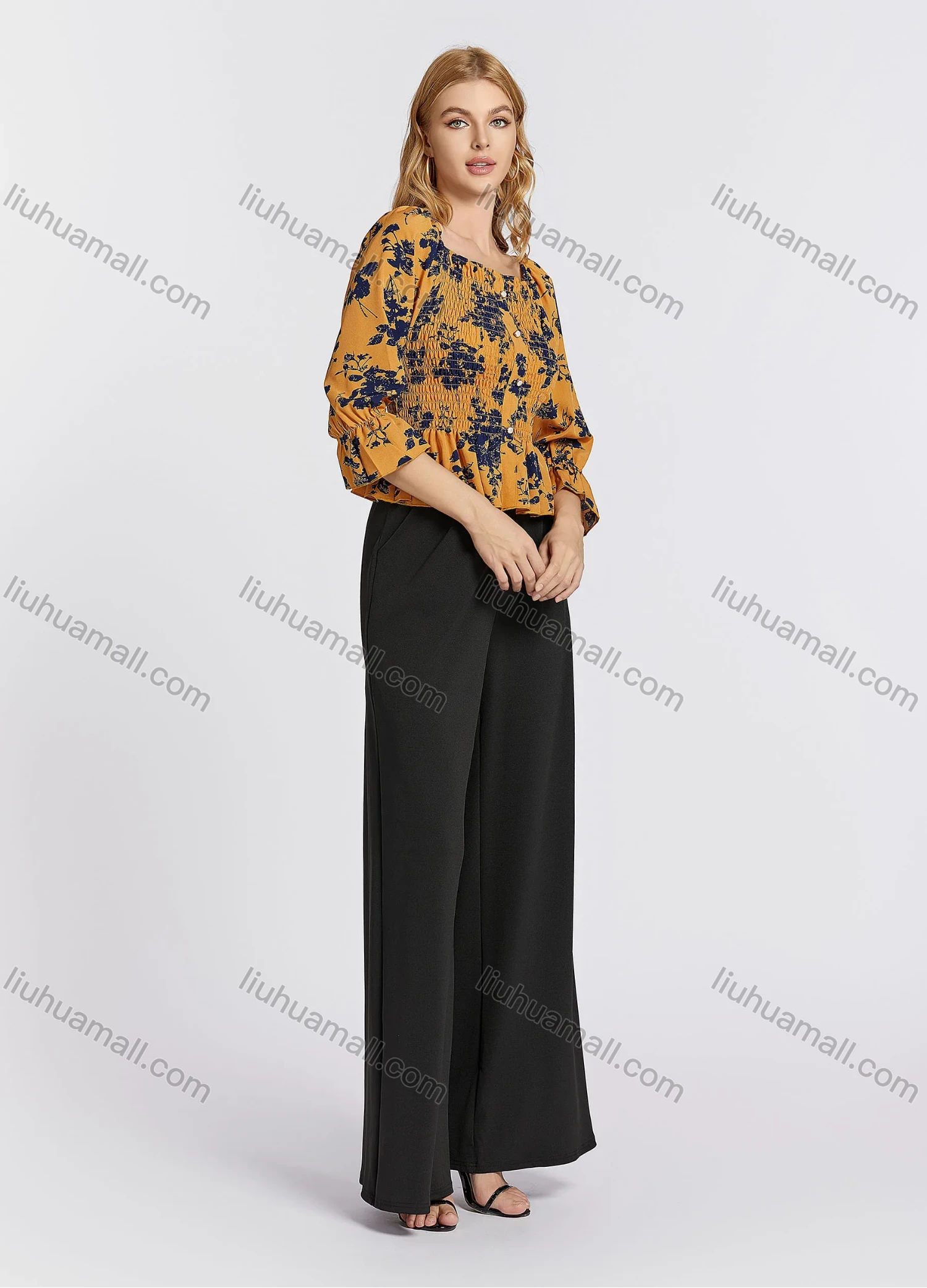 Wholesale Women's Casual Poet Sleeve Square Neck Floral Print Ruched Shirred Button Decor Peplum Blouse - Liuhuamall