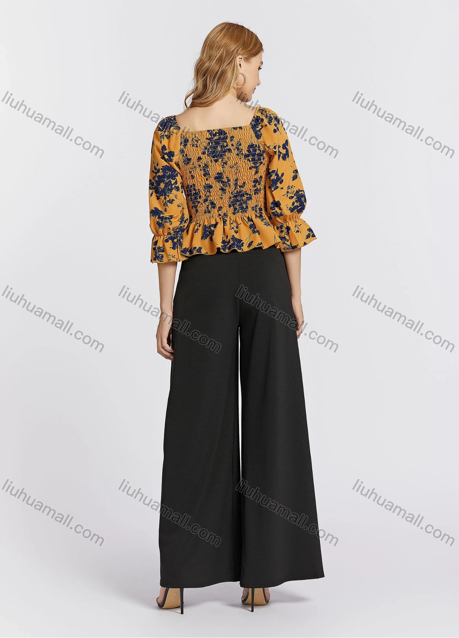 Wholesale Women's Casual Poet Sleeve Square Neck Floral Print Ruched Shirred Button Decor Peplum Blouse - Liuhuamall