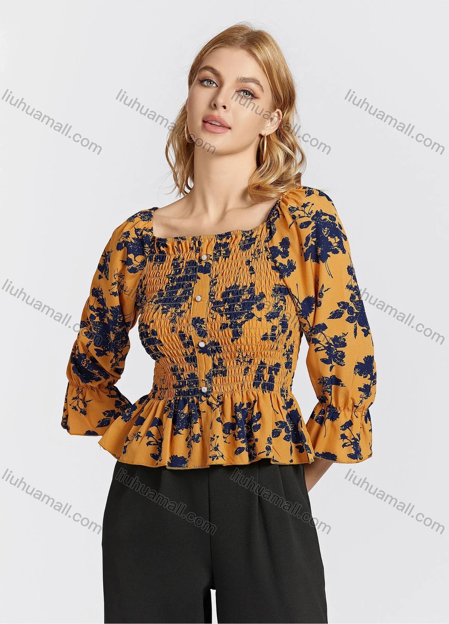 Wholesale Women's Casual Poet Sleeve Square Neck Floral Print Ruched Shirred Button Decor Peplum Blouse - Liuhuamall