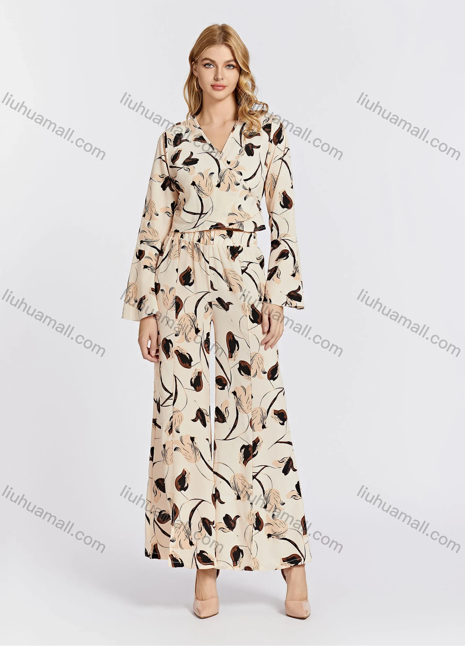 Wholesale Women's Elegant Floral Wrap V Neck Tie Back Long Sleeve Crop Blouse & Pants 2 Piece Set 766# - Liuhuamall