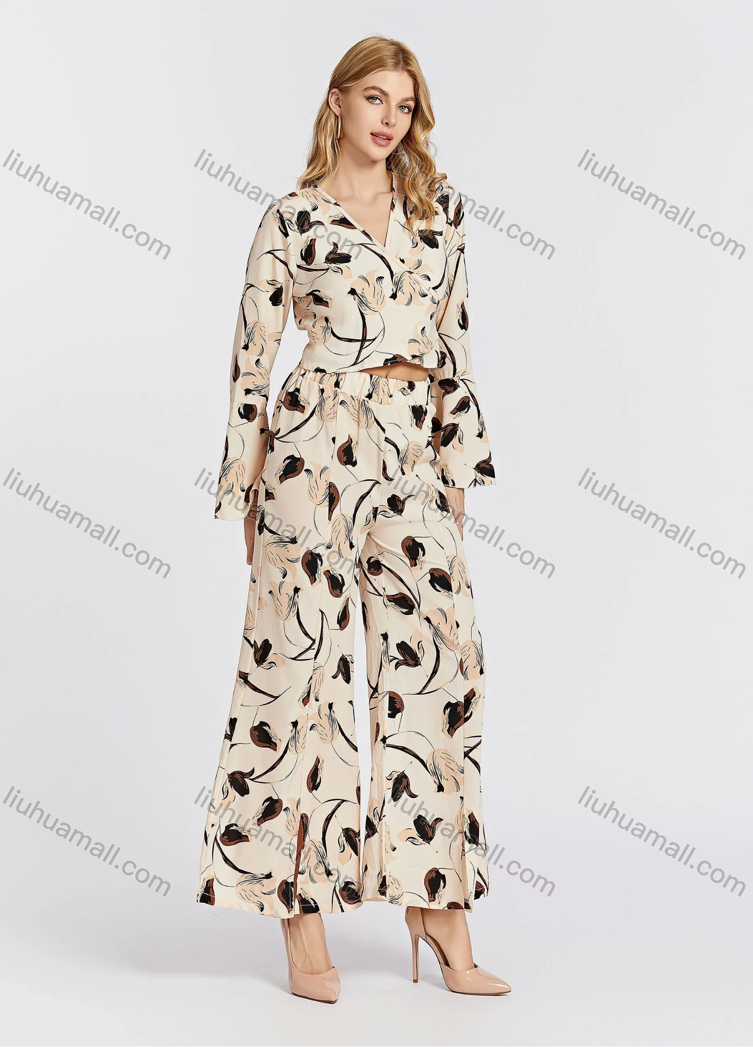 Wholesale Women's Elegant Floral Wrap V Neck Tie Back Long Sleeve Crop Blouse & Pants 2 Piece Set 766# - Liuhuamall