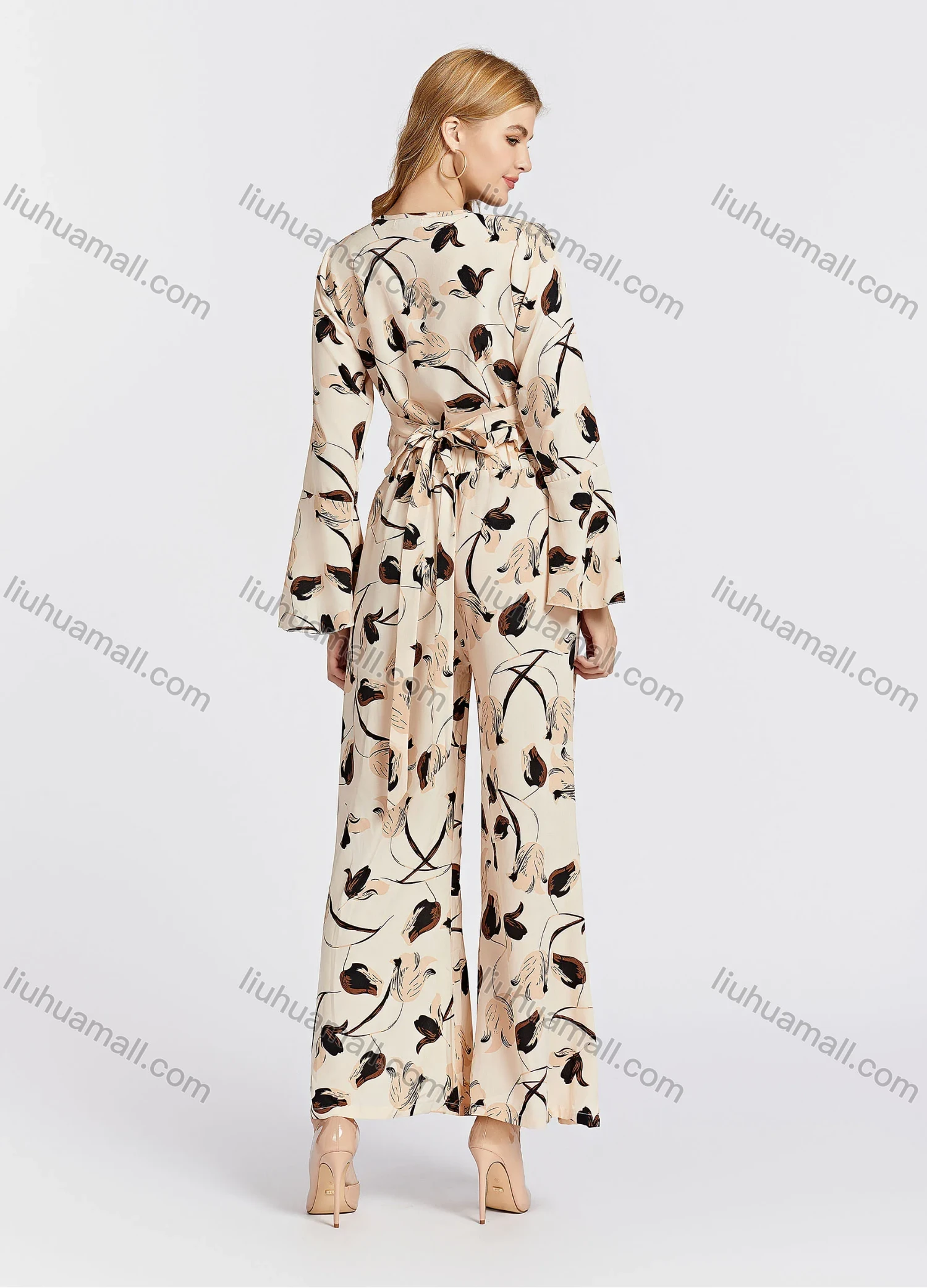 Wholesale Women's Elegant Floral Wrap V Neck Tie Back Long Sleeve Crop Blouse & Pants 2 Piece Set 766# - Liuhuamall