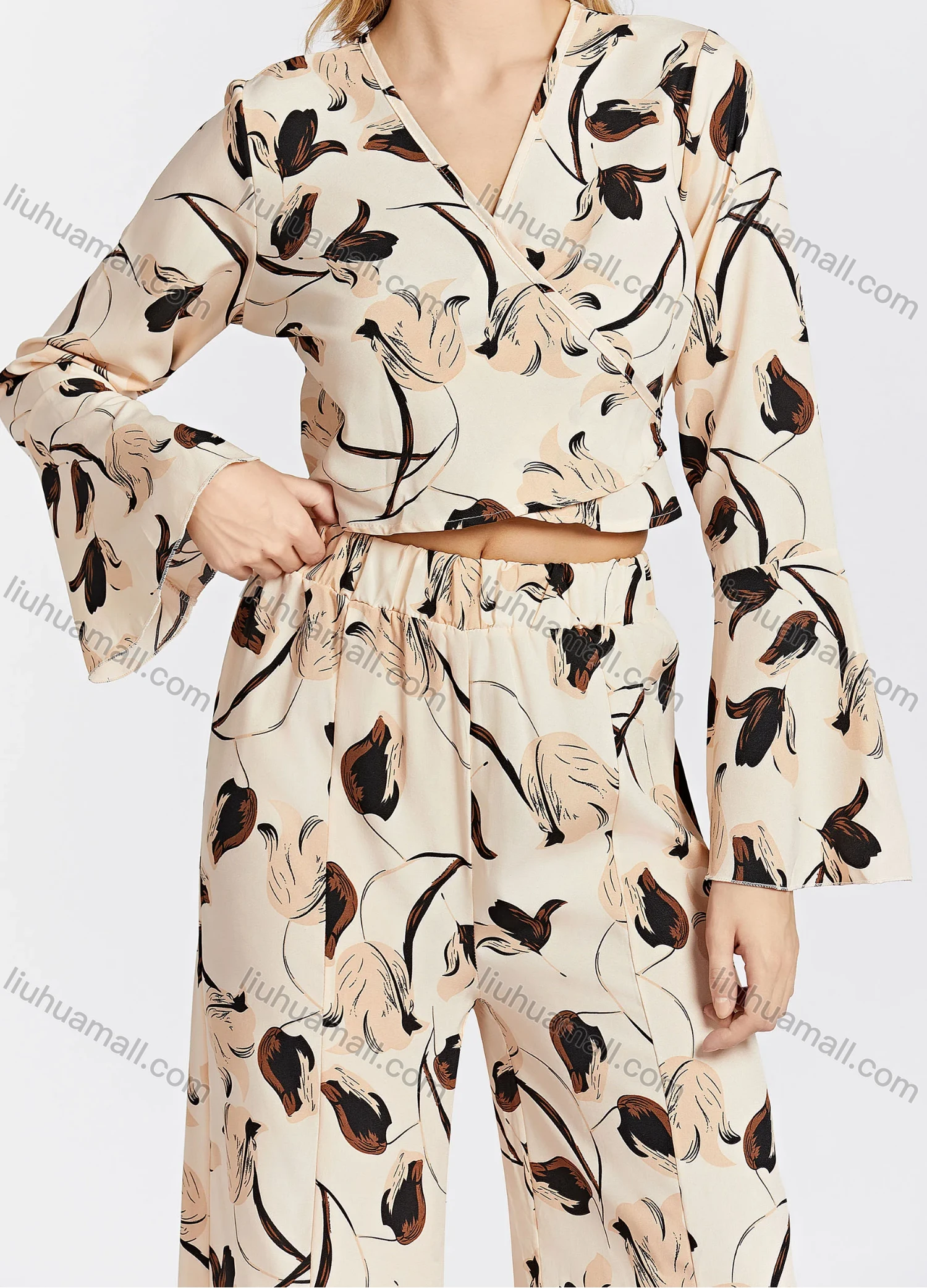 Wholesale Women's Elegant Floral Wrap V Neck Tie Back Long Sleeve Crop Blouse & Pants 2 Piece Set 766# - Liuhuamall