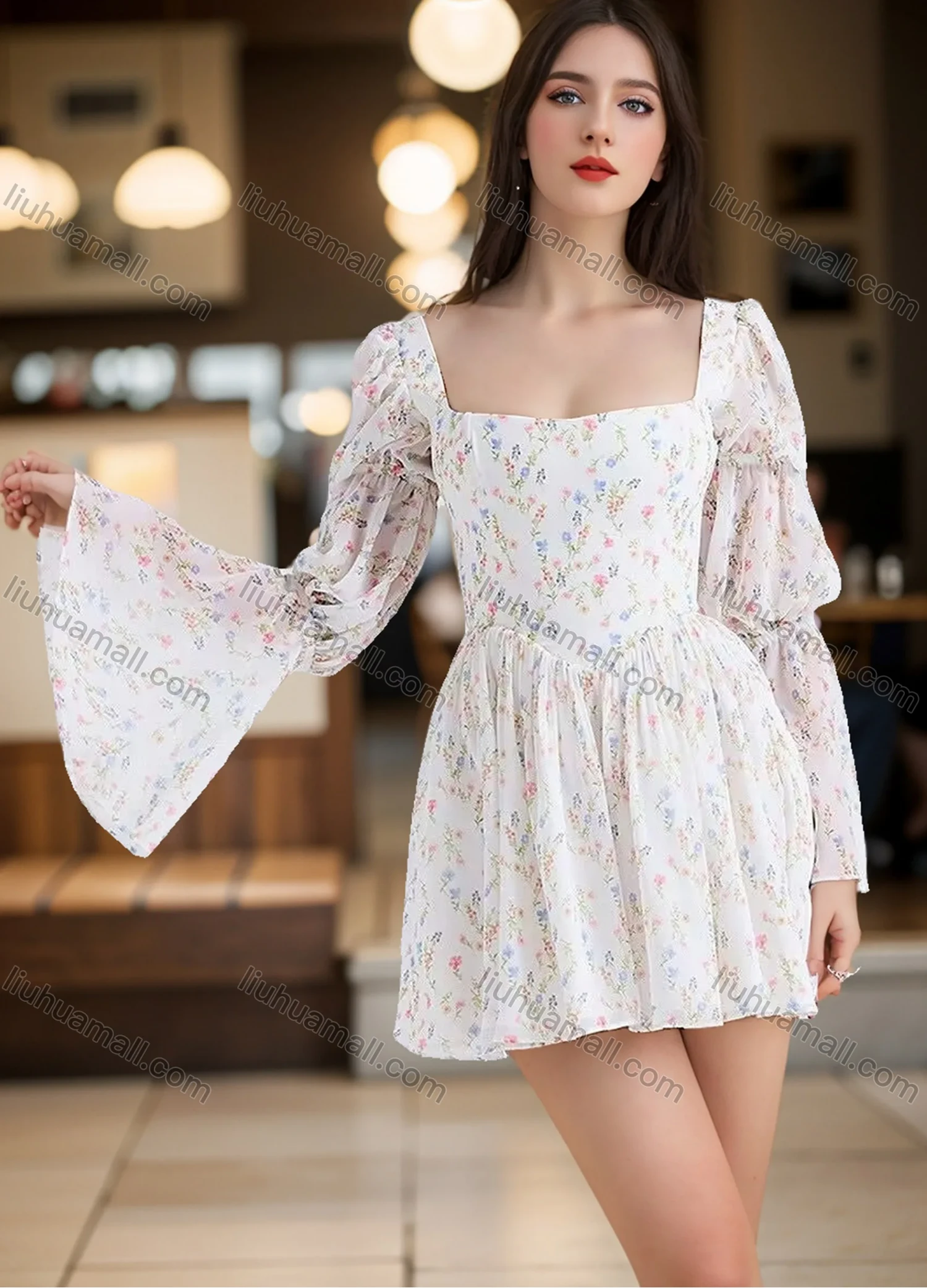 Wholesale Women's Autumn Elegant Ditsy Floral Square Neck Trumpet Sleeve Ruched High Waist Dress - Liuhuamall