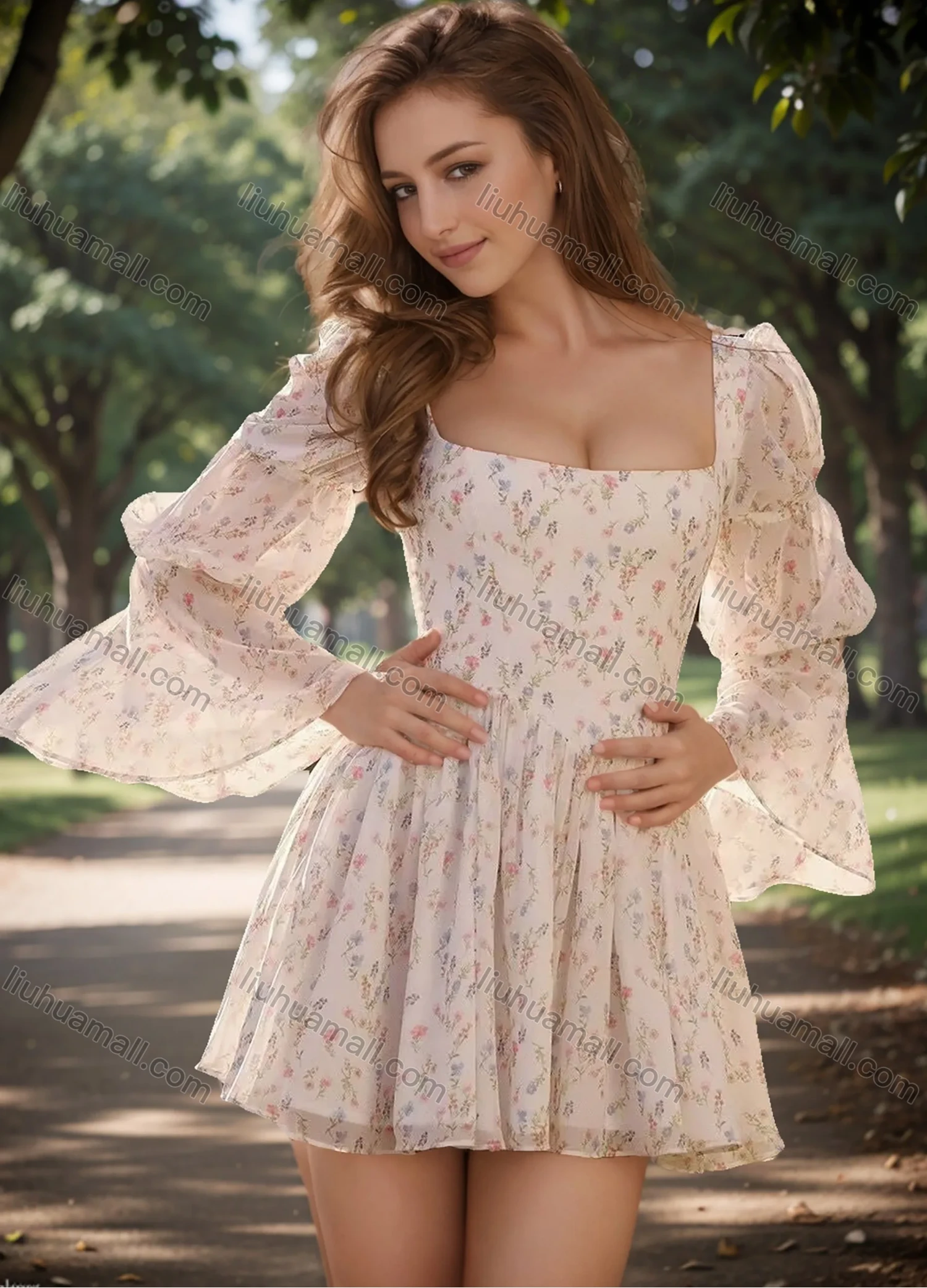 Wholesale Women's Autumn Elegant Ditsy Floral Square Neck Trumpet Sleeve Ruched High Waist Dress - Liuhuamall