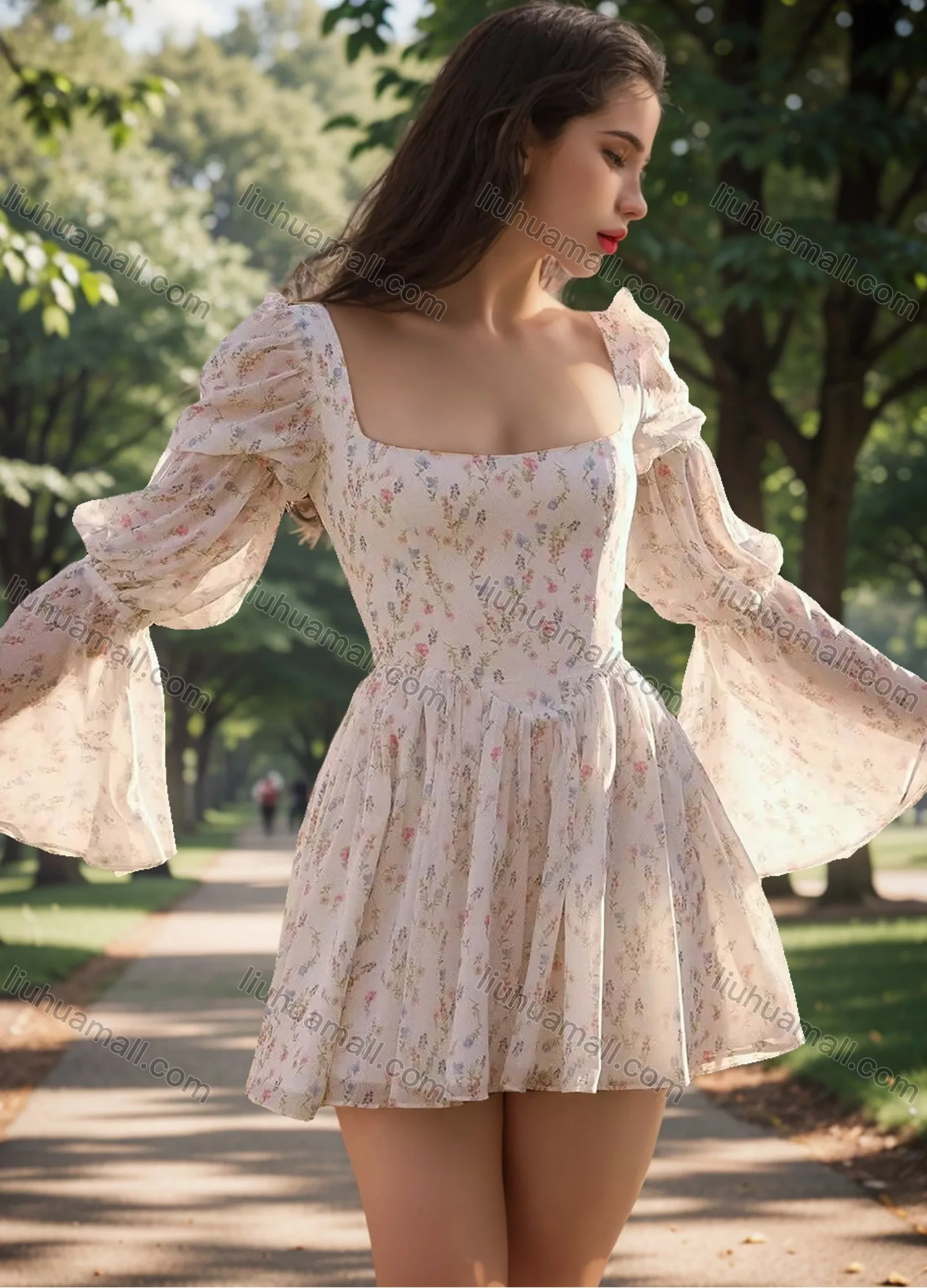 Wholesale Women's Autumn Elegant Ditsy Floral Square Neck Trumpet Sleeve Ruched High Waist Dress - Liuhuamall