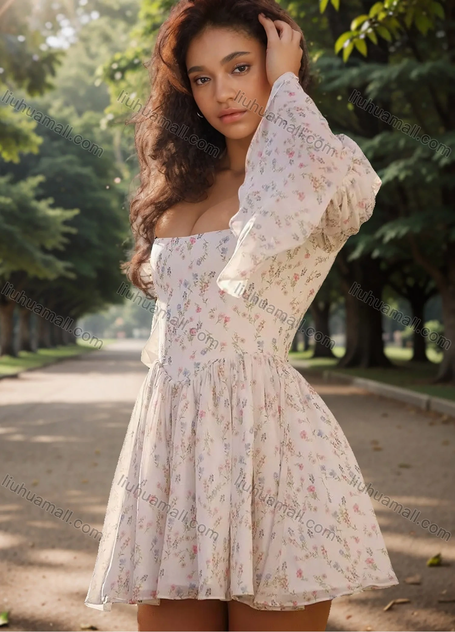 Wholesale Women's Autumn Elegant Ditsy Floral Square Neck Trumpet Sleeve Ruched High Waist Dress - Liuhuamall