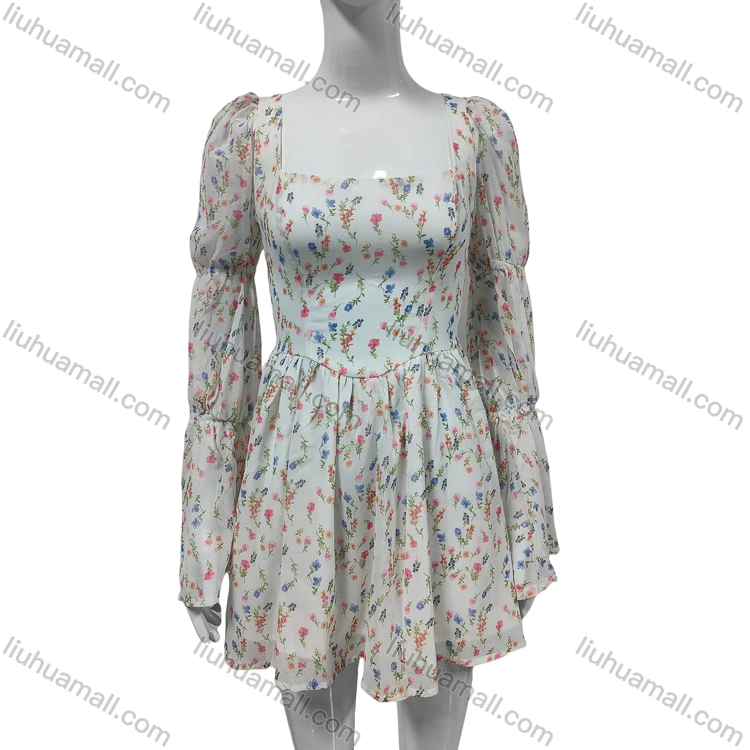 Wholesale Women's Autumn Elegant Ditsy Floral Square Neck Trumpet Sleeve Ruched High Waist Dress - Liuhuamall