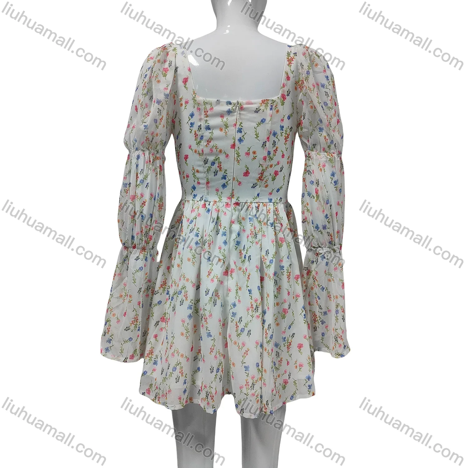 Wholesale Women's Autumn Elegant Ditsy Floral Square Neck Trumpet Sleeve Ruched High Waist Dress - Liuhuamall