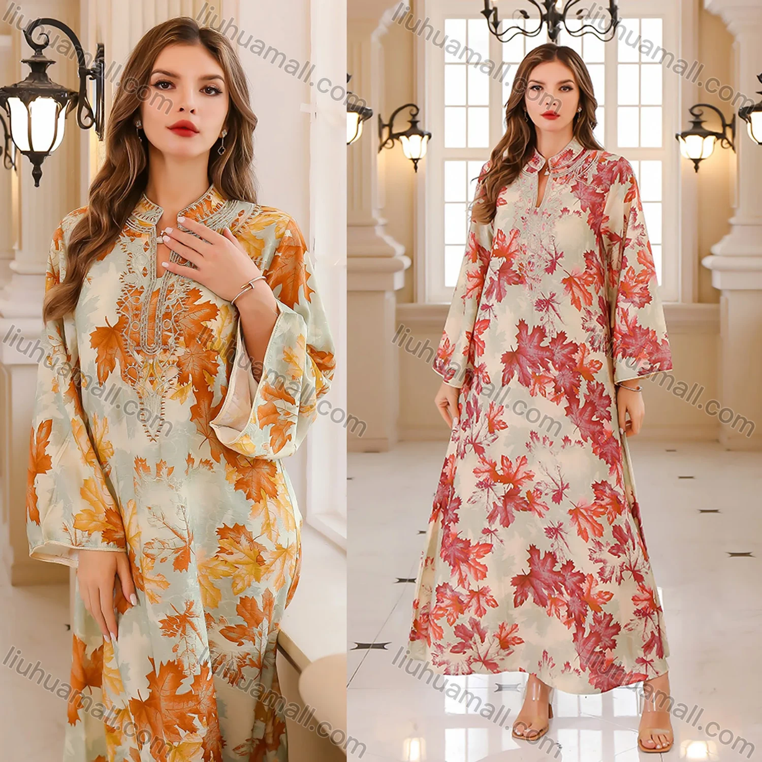 Wholesale Women's Elegant Muslim Leaf Print Embroidery Notched Stand Collar Long Sleeve Dubai Abaya Dress - Liuhuamall