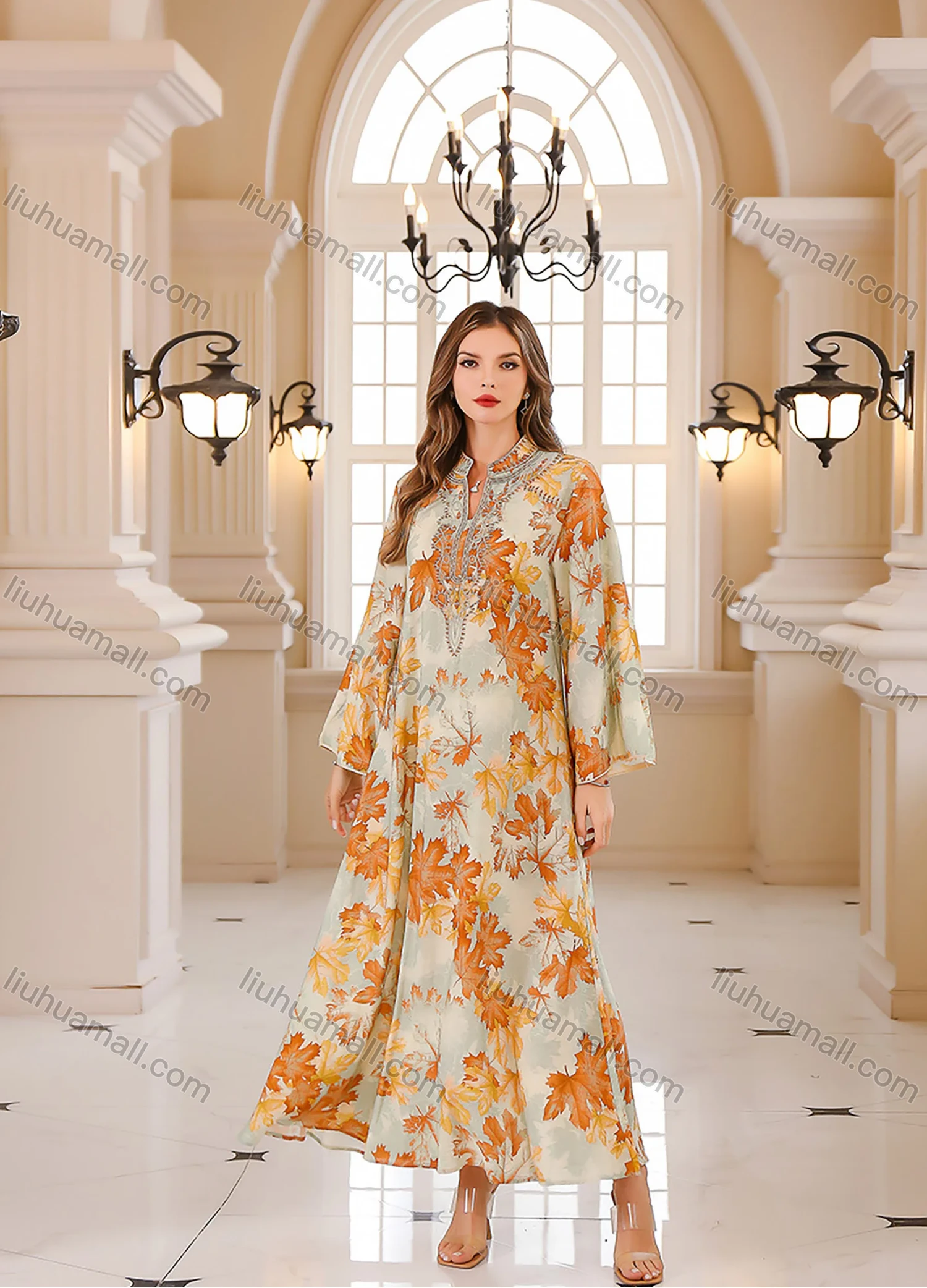 Wholesale Women's Elegant Muslim Leaf Print Embroidery Notched Stand Collar Long Sleeve Dubai Abaya Dress - Liuhuamall