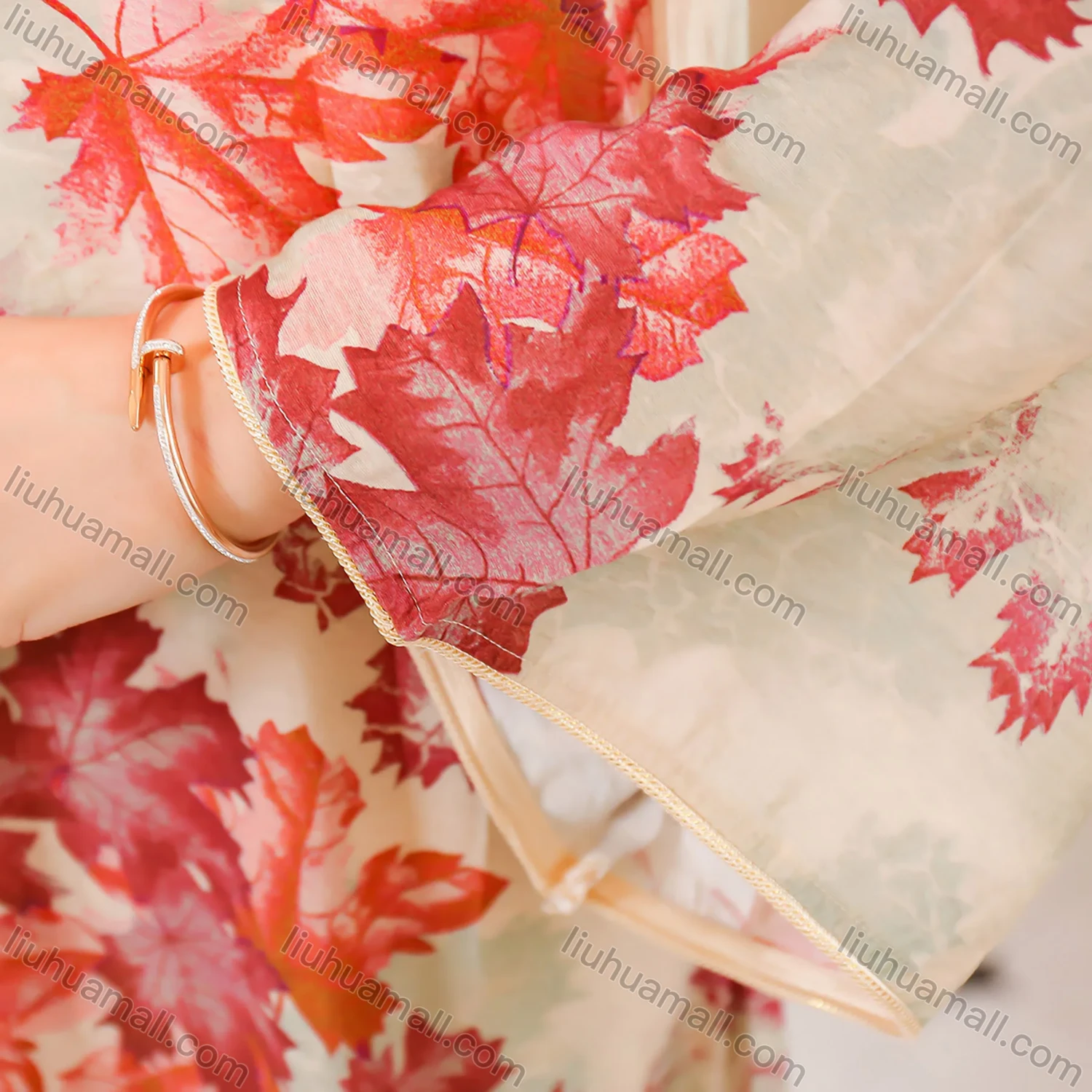 Wholesale Women's Elegant Muslim Leaf Print Embroidery Notched Stand Collar Long Sleeve Dubai Abaya Dress - Liuhuamall