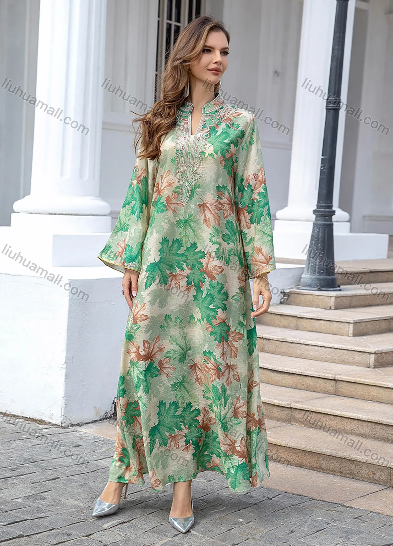 Wholesale Women's Elegant Muslim Leaf Print Embroidery Notched Stand Collar Long Sleeve Dubai Abaya Dress - Liuhuamall