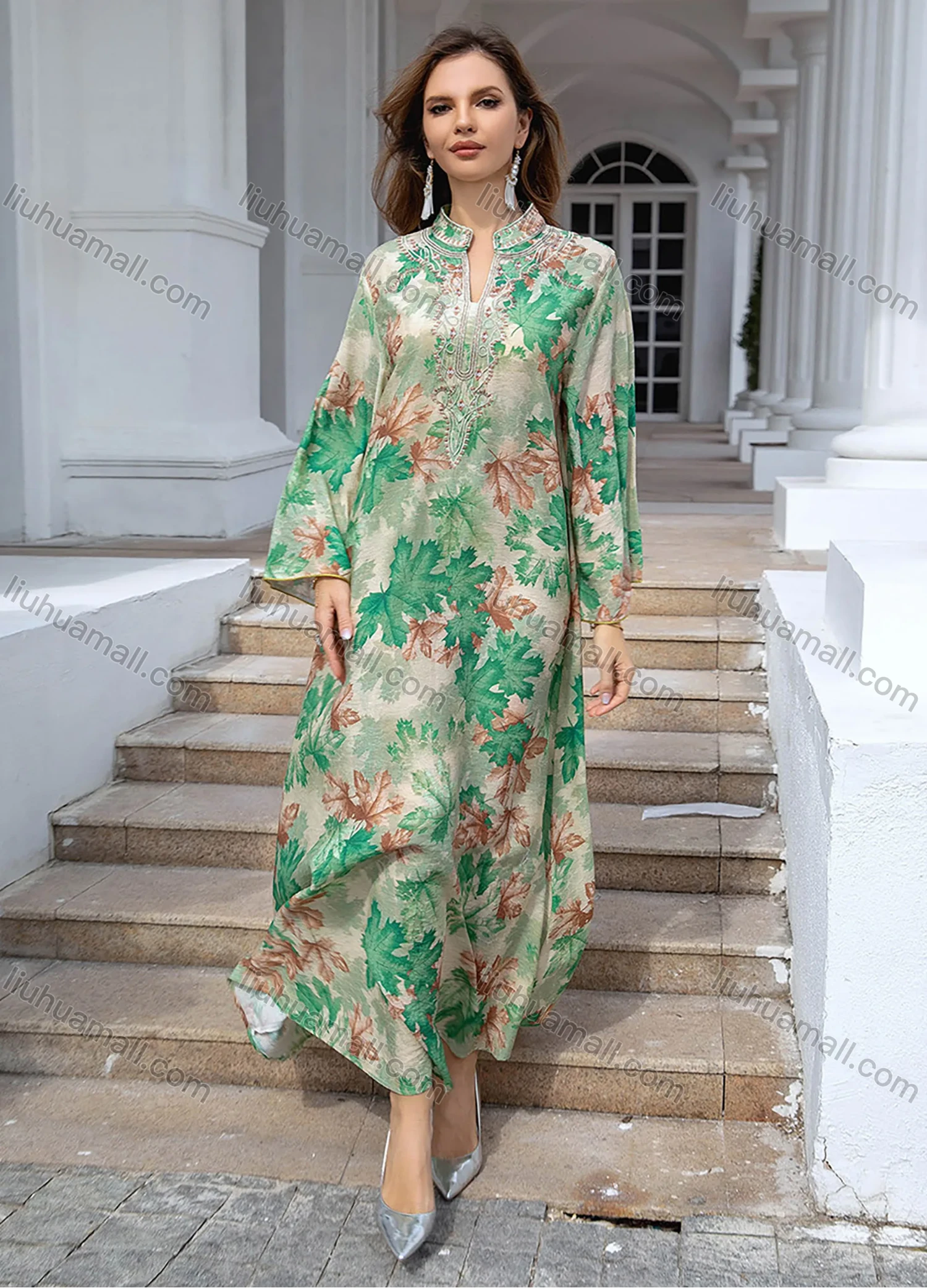 Wholesale Women's Elegant Muslim Leaf Print Embroidery Notched Stand Collar Long Sleeve Dubai Abaya Dress - Liuhuamall