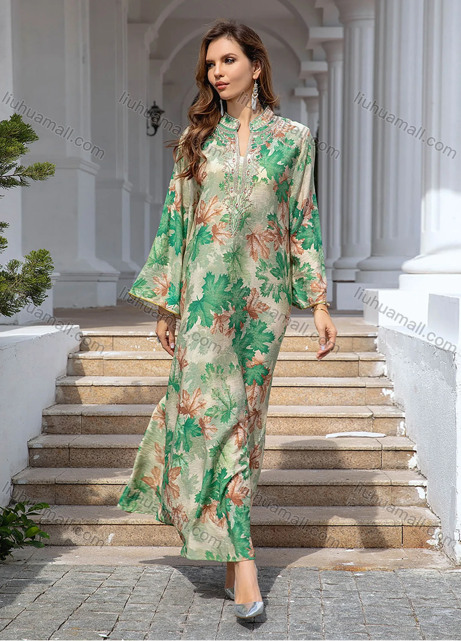 Wholesale Women's Elegant Muslim Leaf Print Embroidery Notched Stand Collar Long Sleeve Dubai Abaya Dress - Liuhuamall