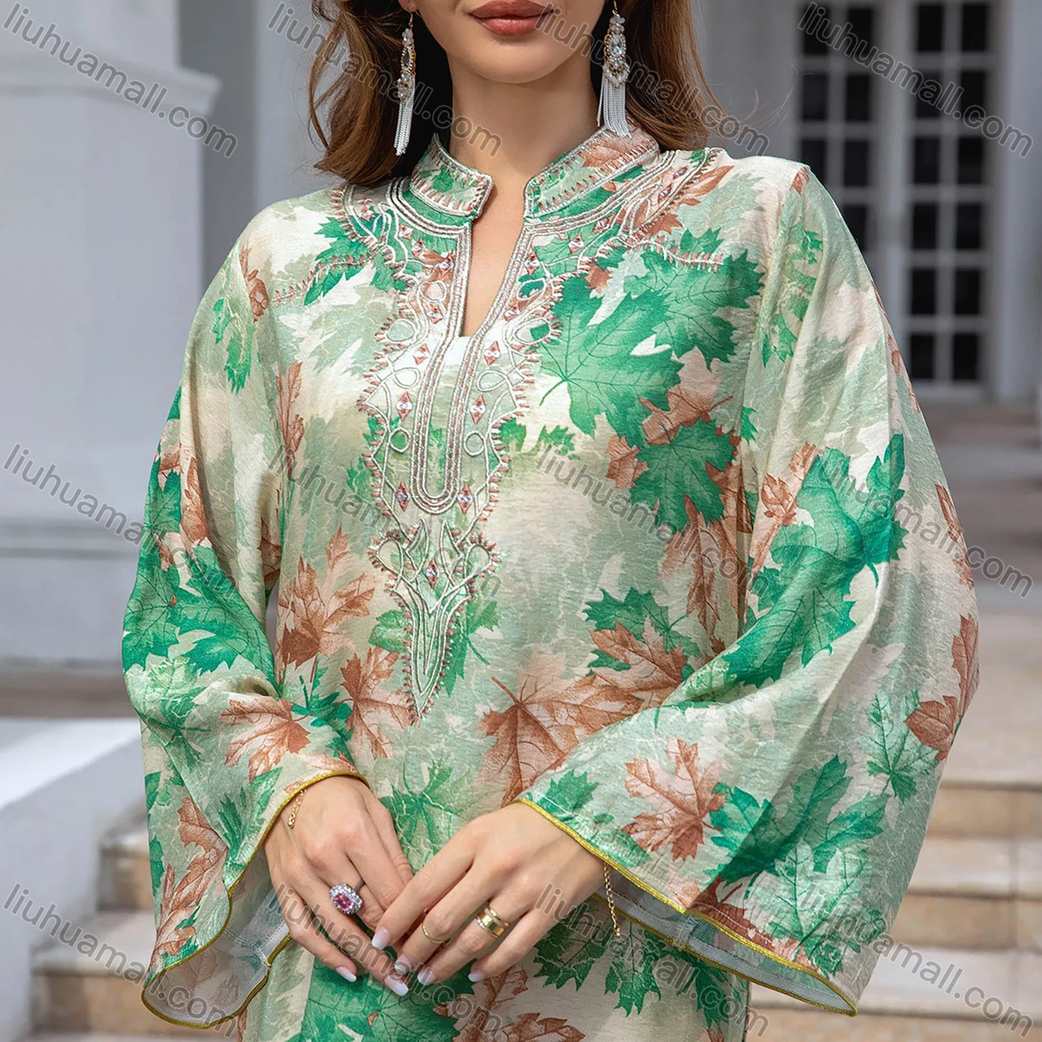 Wholesale Women's Elegant Muslim Leaf Print Embroidery Notched Stand Collar Long Sleeve Dubai Abaya Dress - Liuhuamall